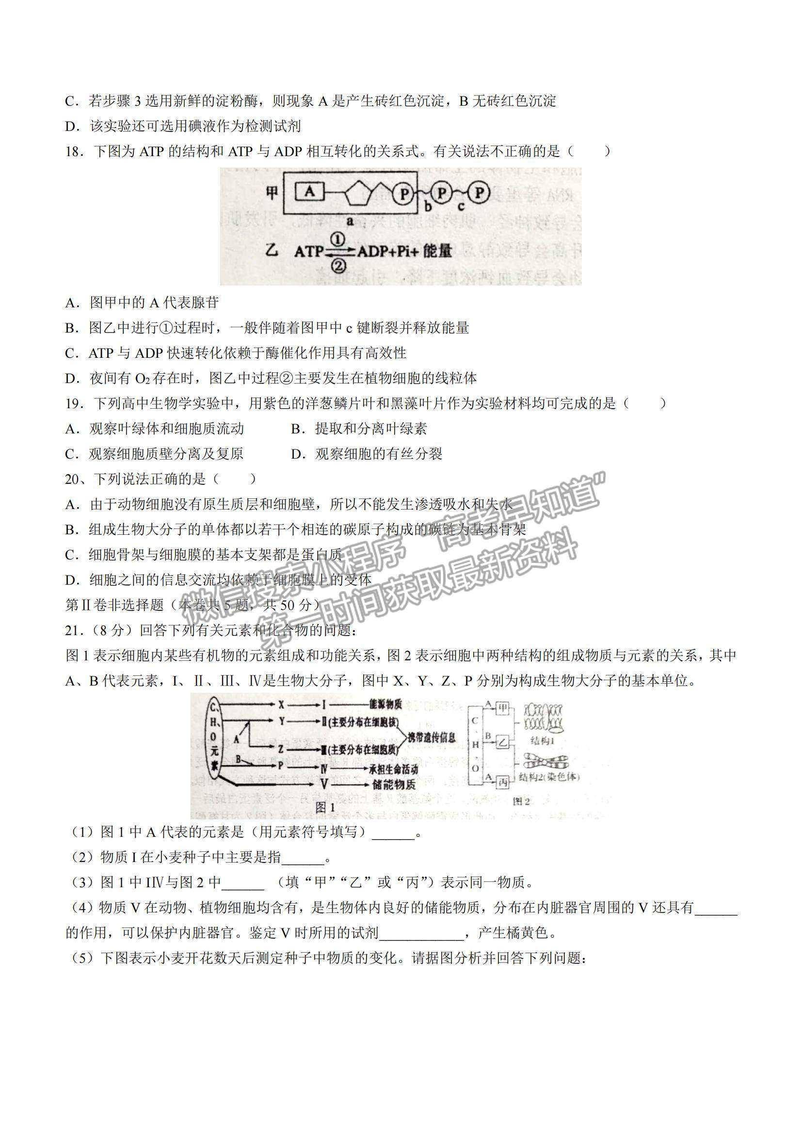 2022天津耀華中學高三上學期第一次月考生物試題及參考答案