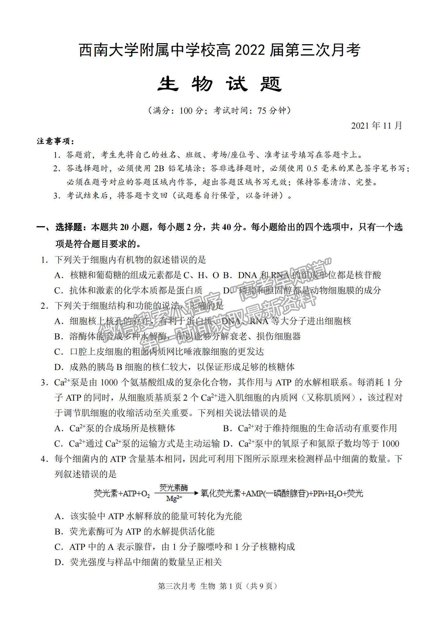 2022重慶市西南大學(xué)附屬中學(xué)高三上學(xué)期第三次月考生物試題及參考答案