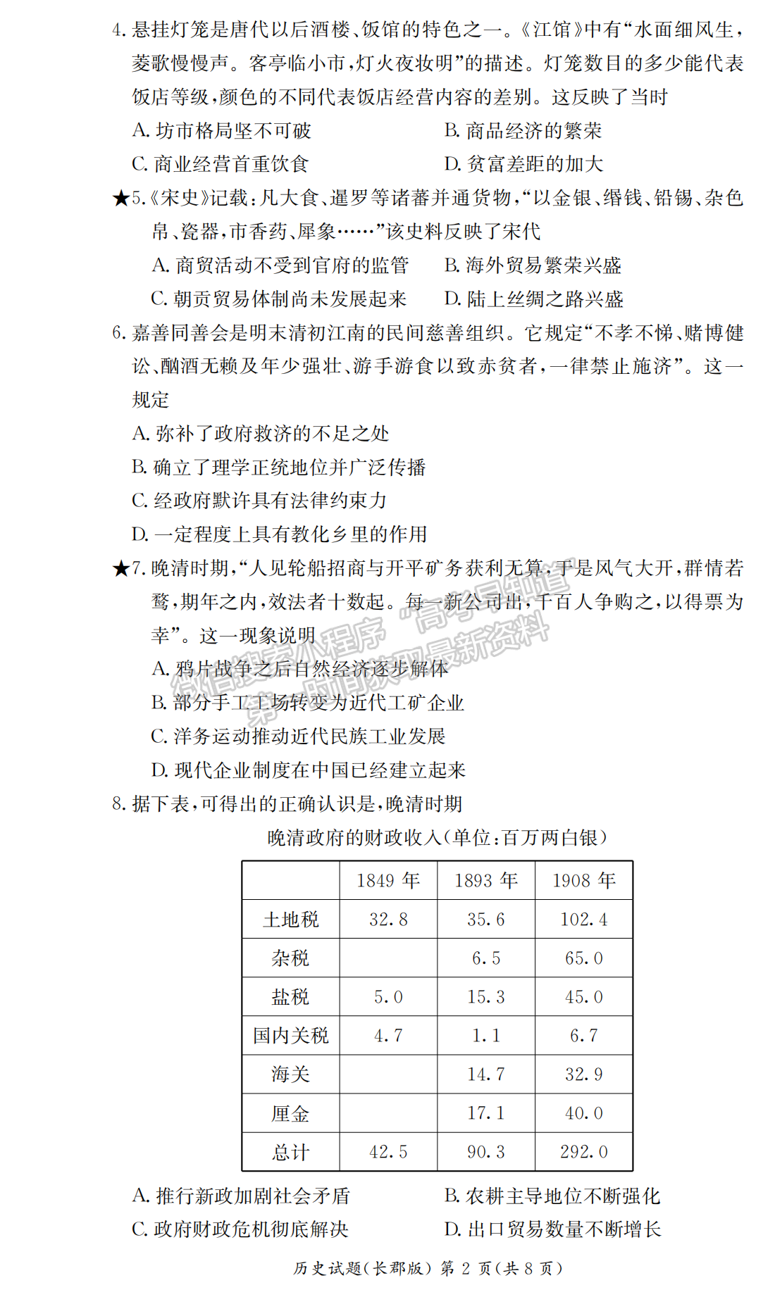 2021-2022學年長郡中學高二第一學期期末考歷史試題及答案