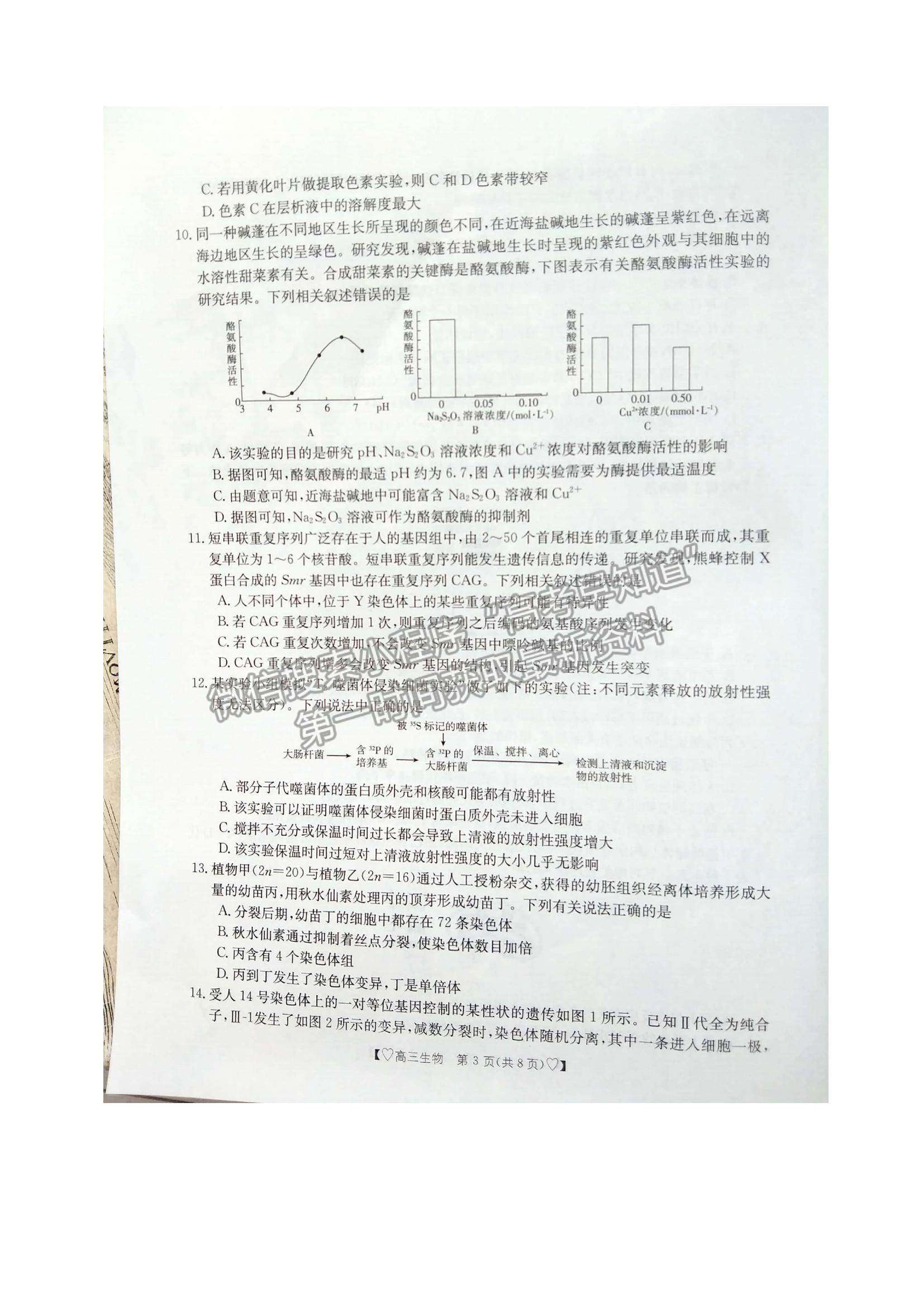 2022陜西省安康市高三1月調研生物試題及參考答案