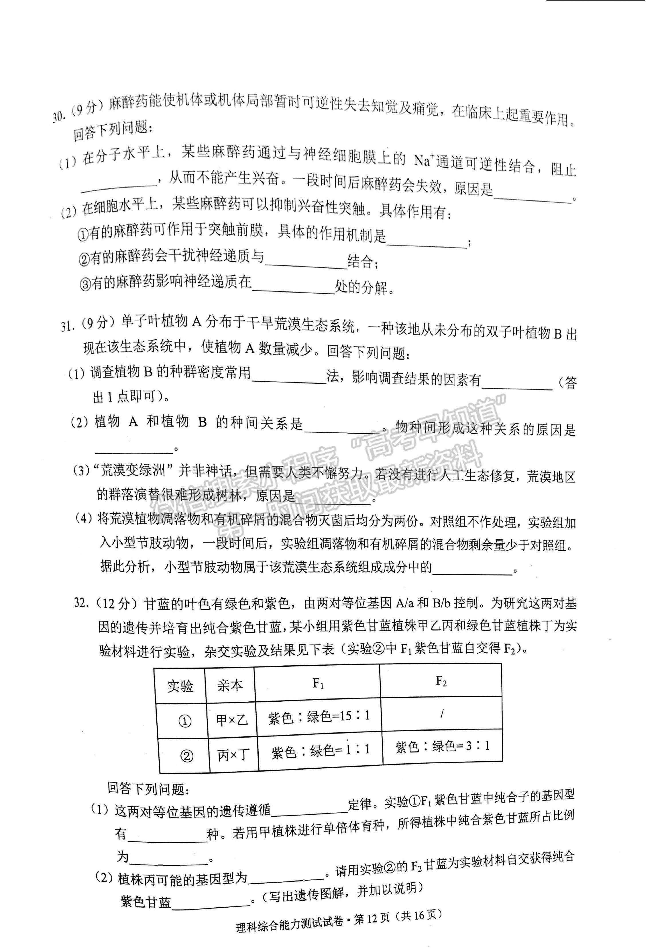 2022云南省昆明市高三“三診一?！泵自\斷測(cè)試?yán)砭C試題及參考答案