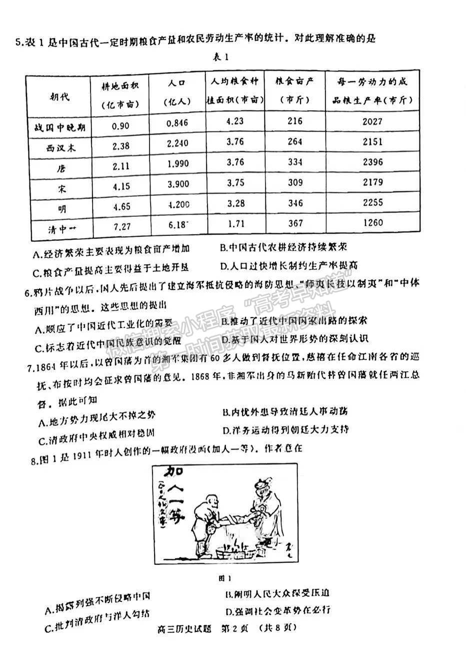 2022屆山東濟(jì)南市高三1月高三學(xué)情檢測(cè) 歷史試題及參考答案