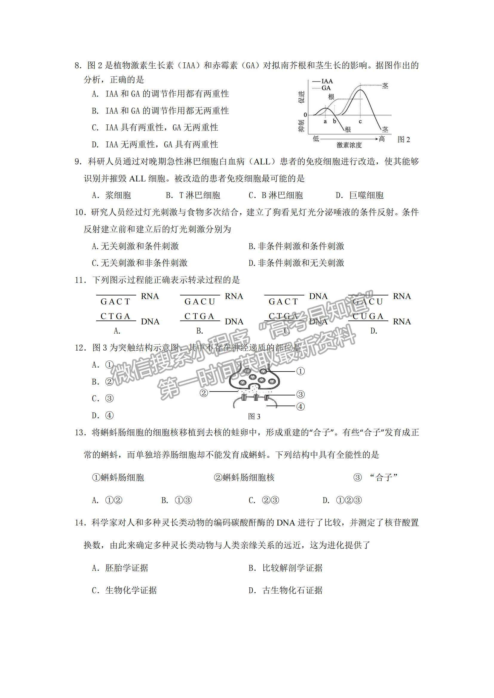 2022上海市嘉定區(qū)高三第一次質(zhì)量調(diào)研（一模）生物試題及參考答案