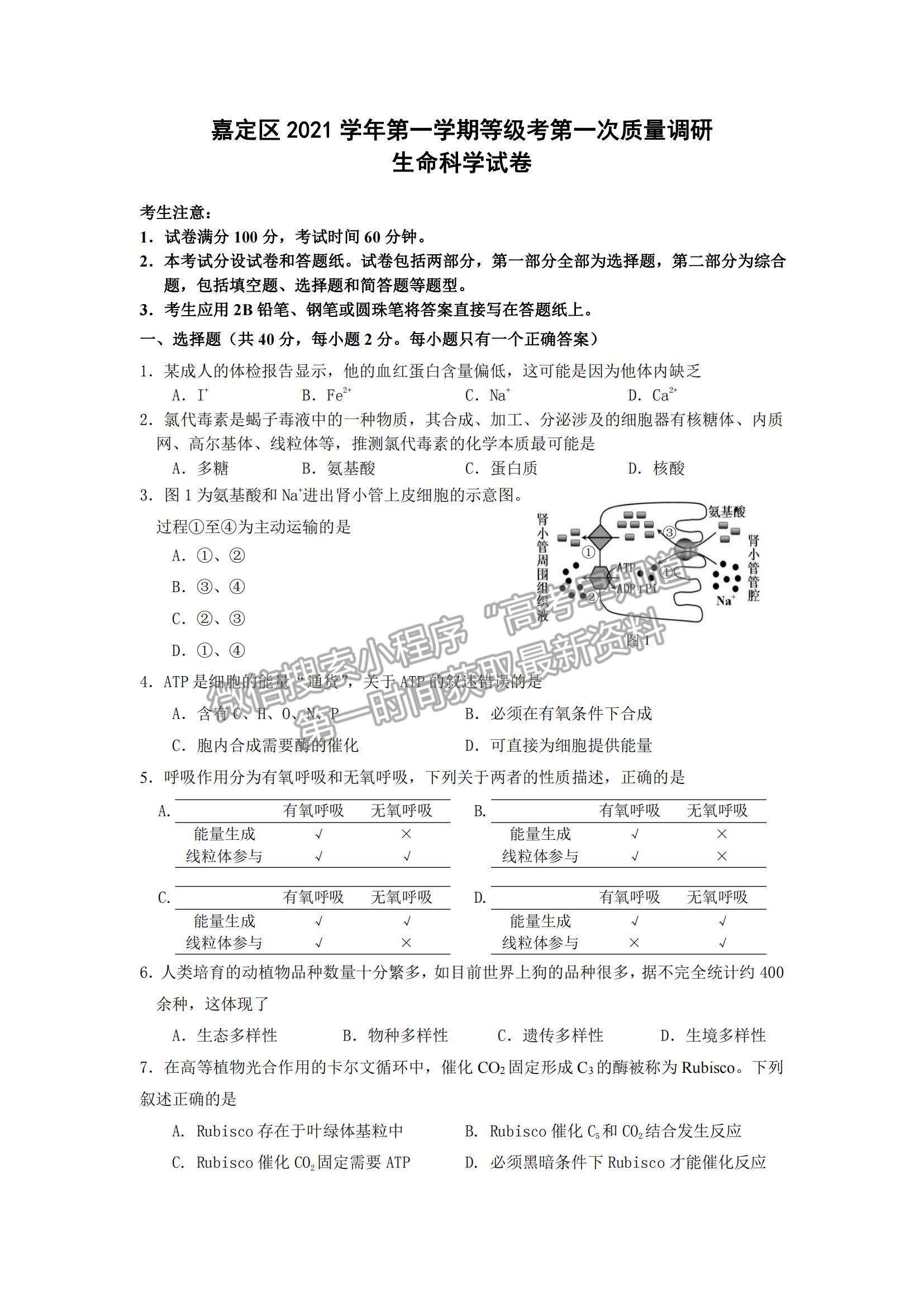 2022上海市嘉定區(qū)高三第一次質量調研（一模）生物試題及參考答案