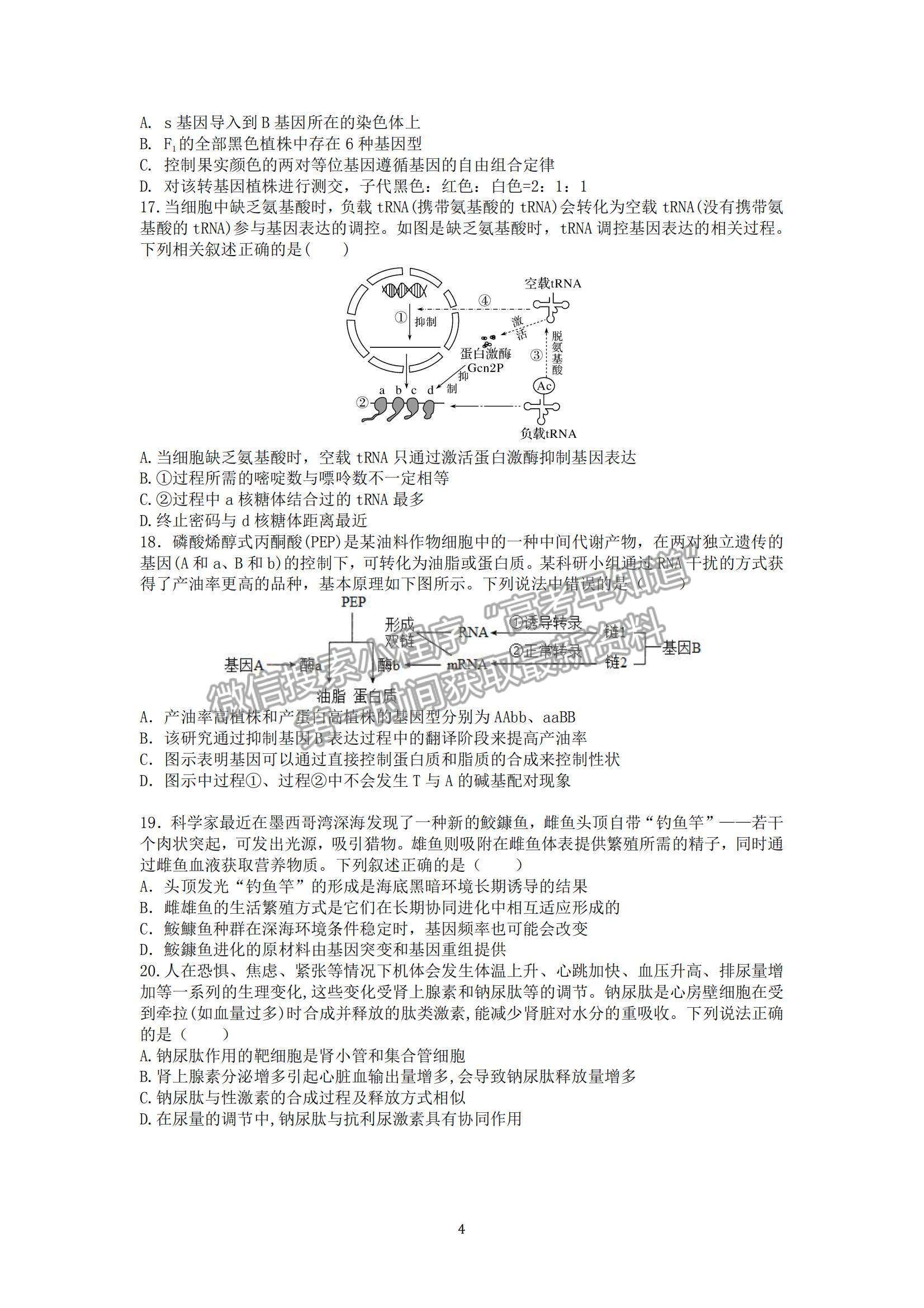 2022山東師范大學附屬中學高三上學期期中考試生物試題及參考答案