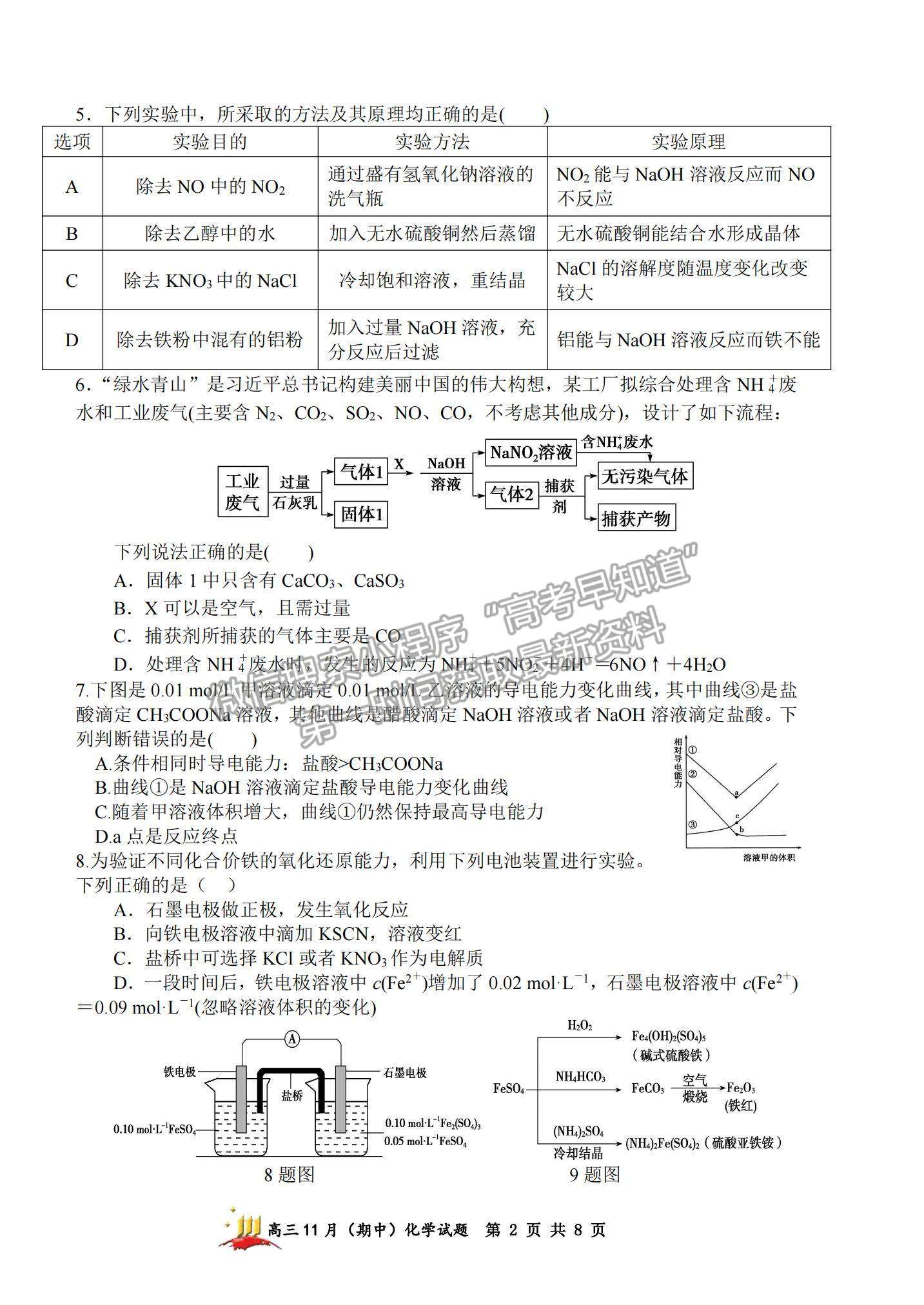 2022山西大學附中高三上學期11月期中考試化學試題及參考答案