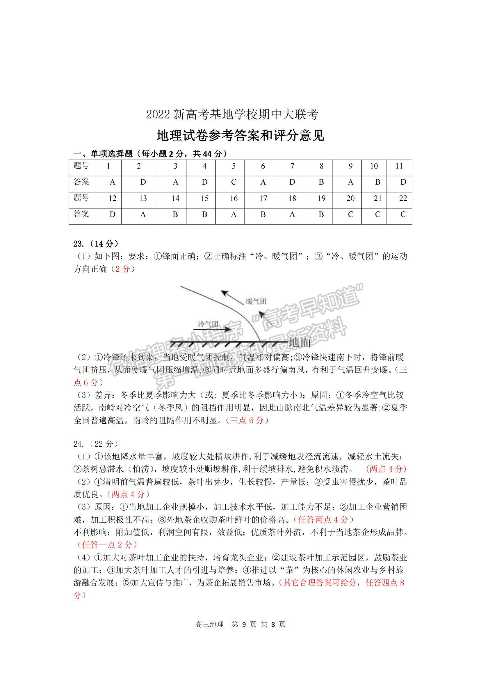 2022江蘇省新高考基地學校高三上學期期中大聯(lián)考地理試題及參考答案