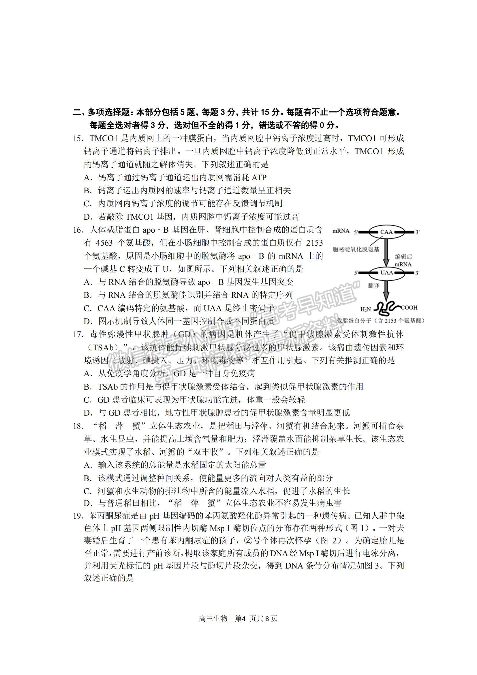 2022江蘇省新高考基地學校高三上學期期中大聯(lián)考生物試題及參考答案