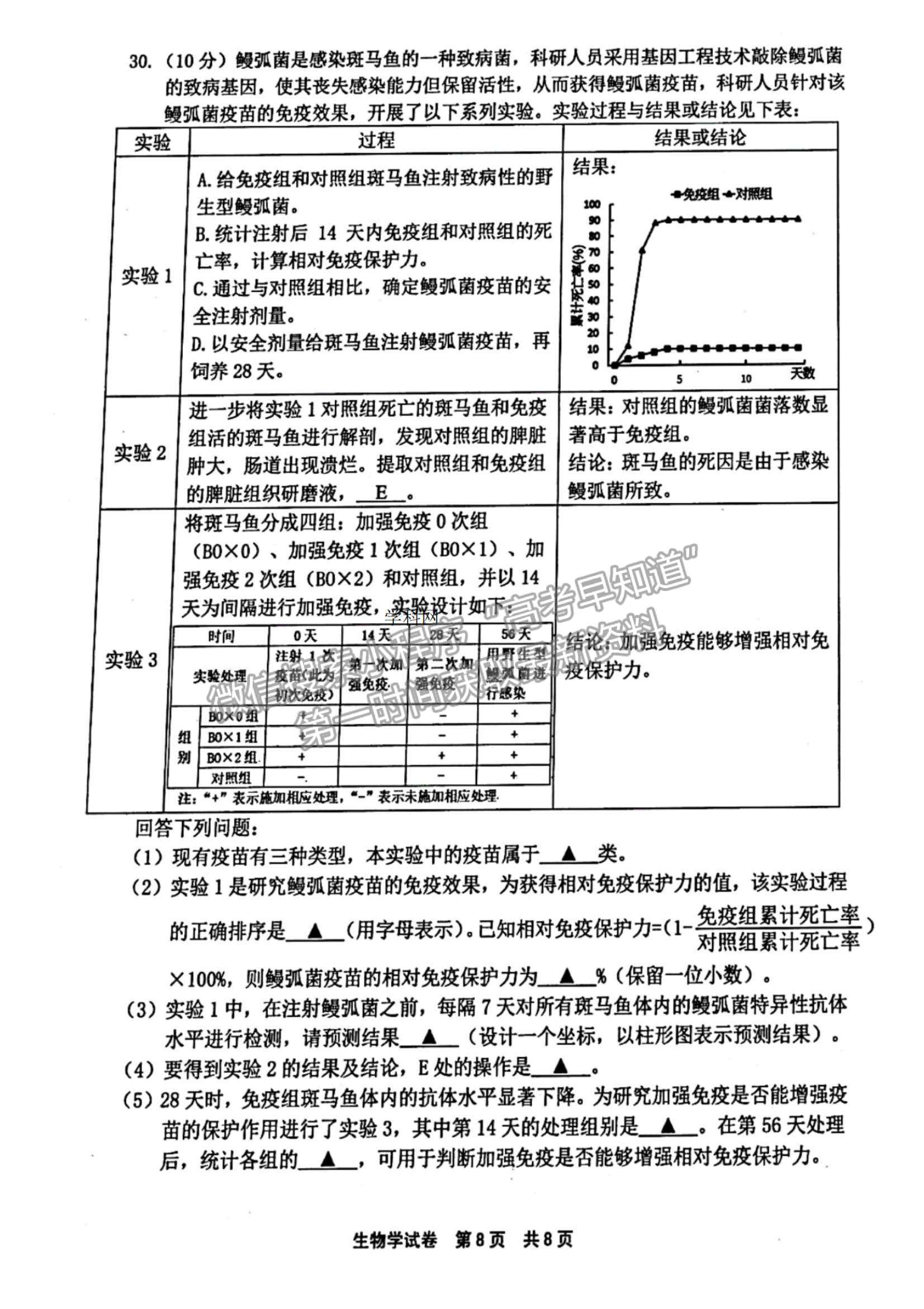 2022浙江省宁波市高三上学期11月高考模拟考试生物试题及参考答案