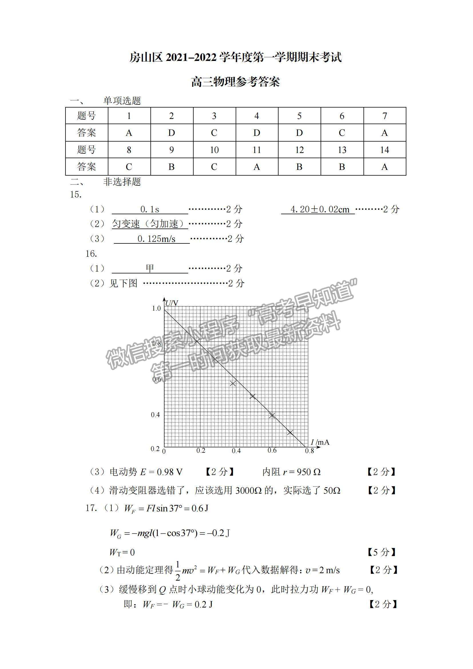 2022北京市房山區(qū)高三上學(xué)期期末考試物理試題及參考答案