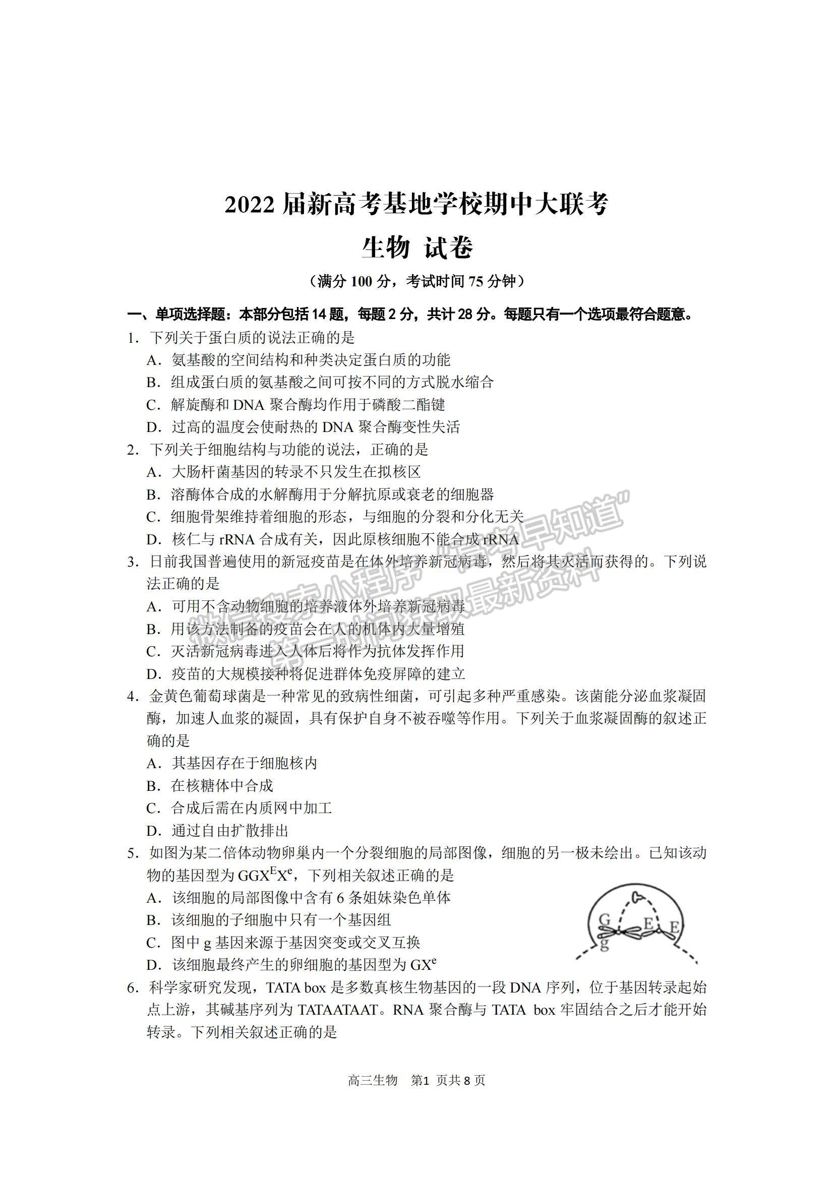 2022江蘇省新高考基地學校高三上學期期中大聯(lián)考生物試題及參考答案