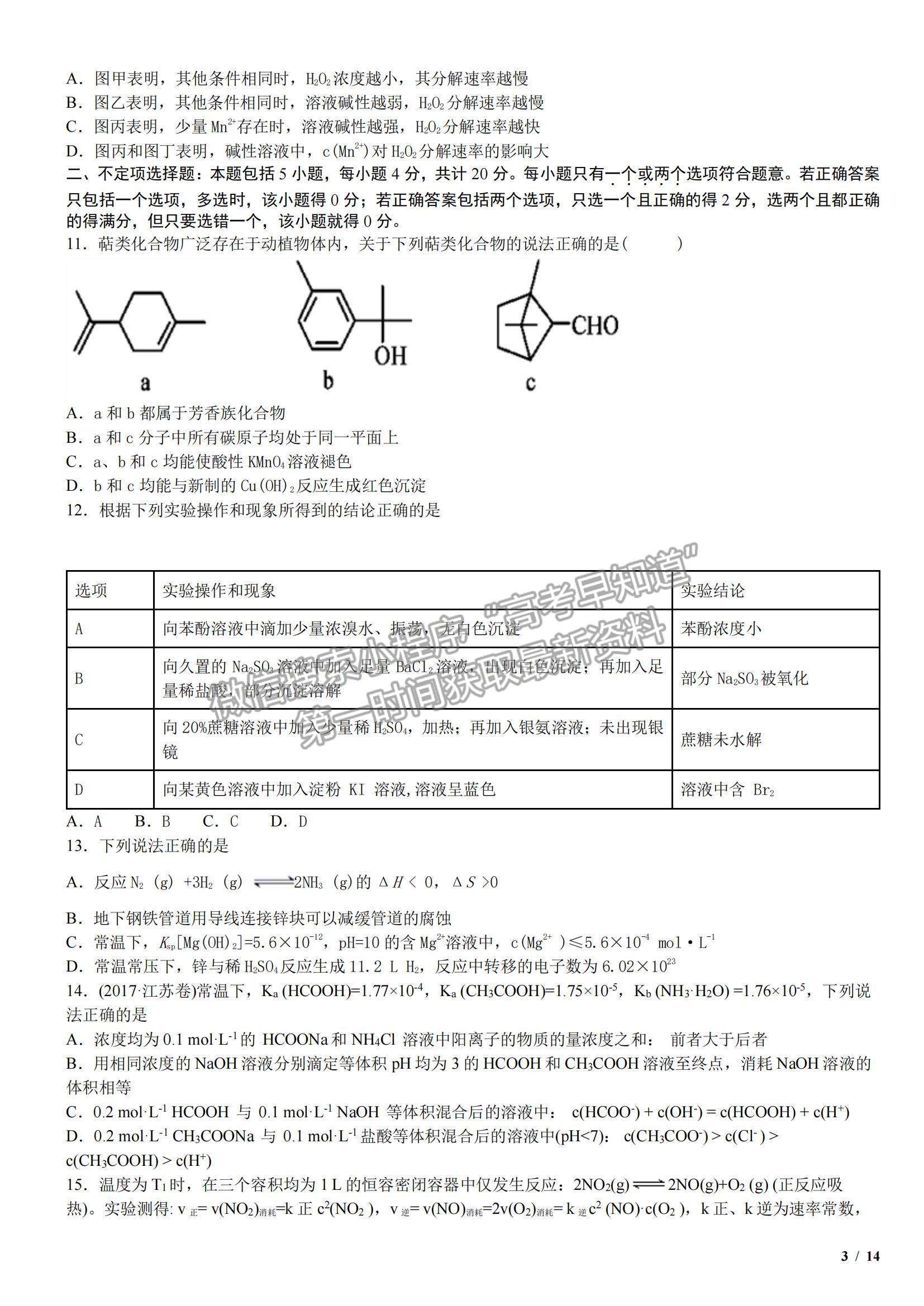 2017江蘇卷高考真題化學(xué)試卷及參考答案