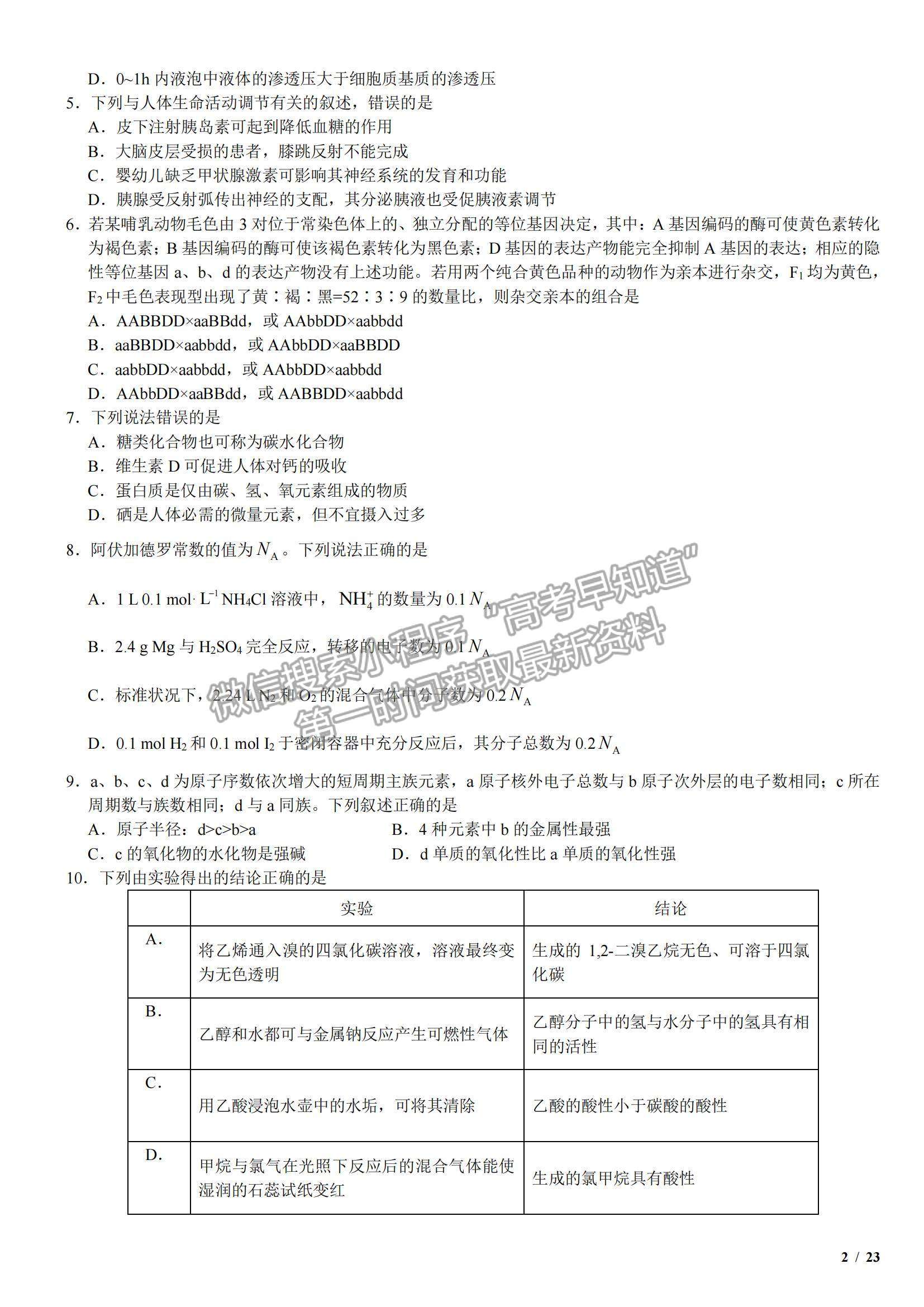 2017全國(guó)Ⅱ卷高考真題理綜試卷及參考答案