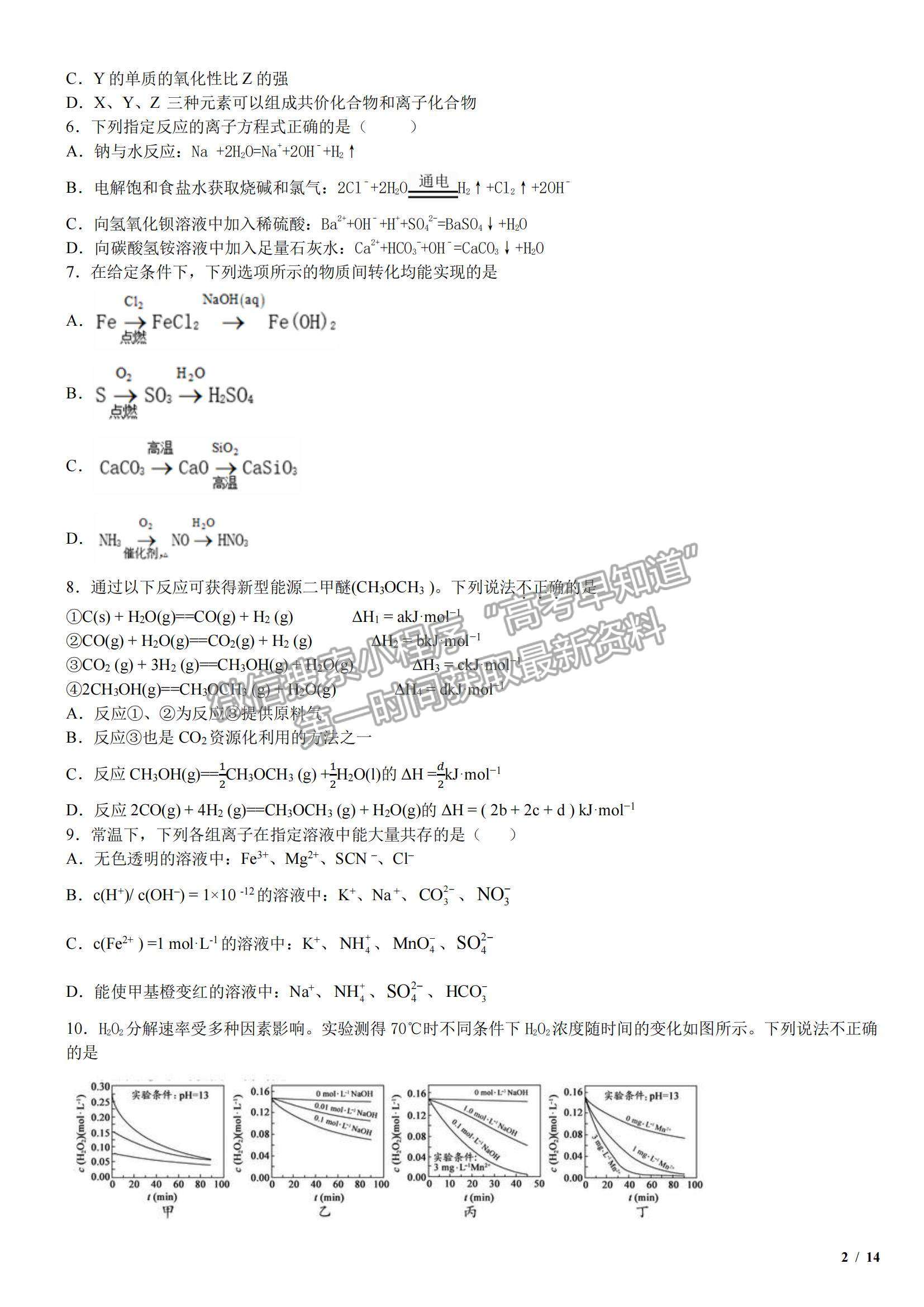 2017江蘇卷高考真題化學(xué)試卷及參考答案