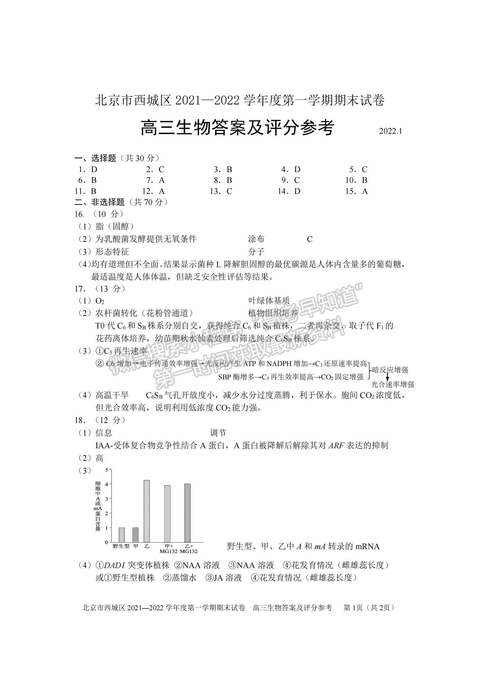 2022北京市西城區(qū)高三上學(xué)期期末考試生物試題及參考答案