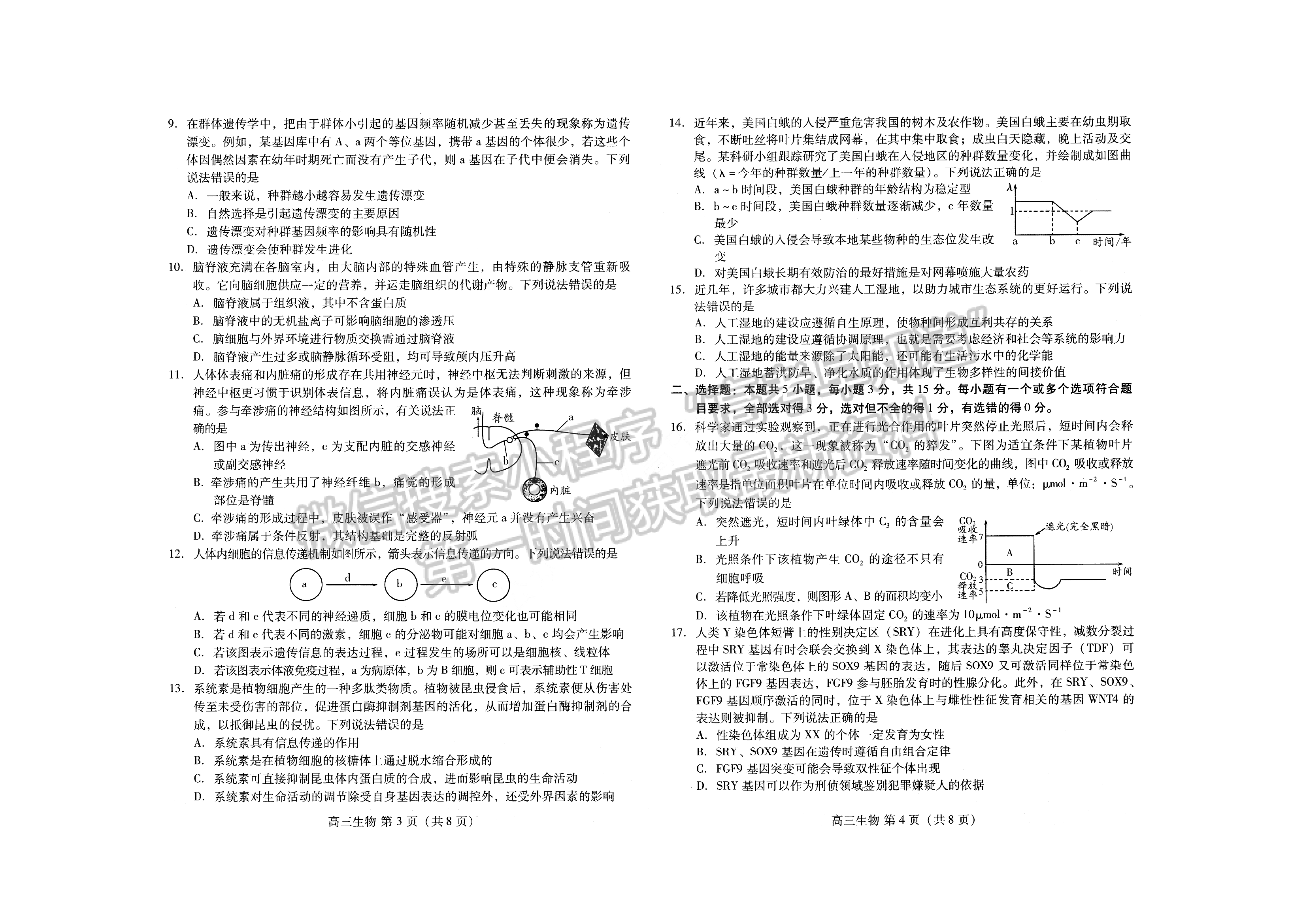 2022山东省潍坊市高三上学期期末考试 生物试题及参考答案