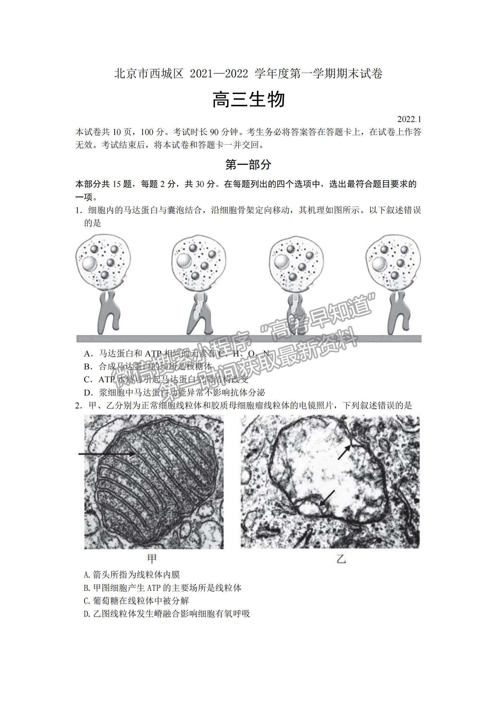 2022北京市西城区高三上学期期末考试生物试题及参考答案