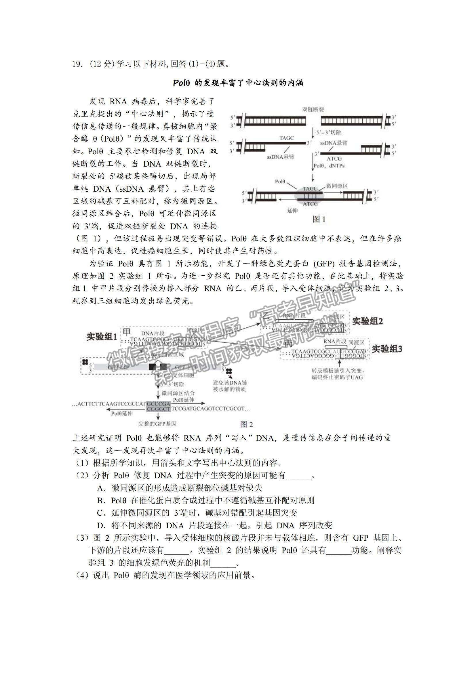 2022北京市西城区高三上学期期末考试生物试题及参考答案