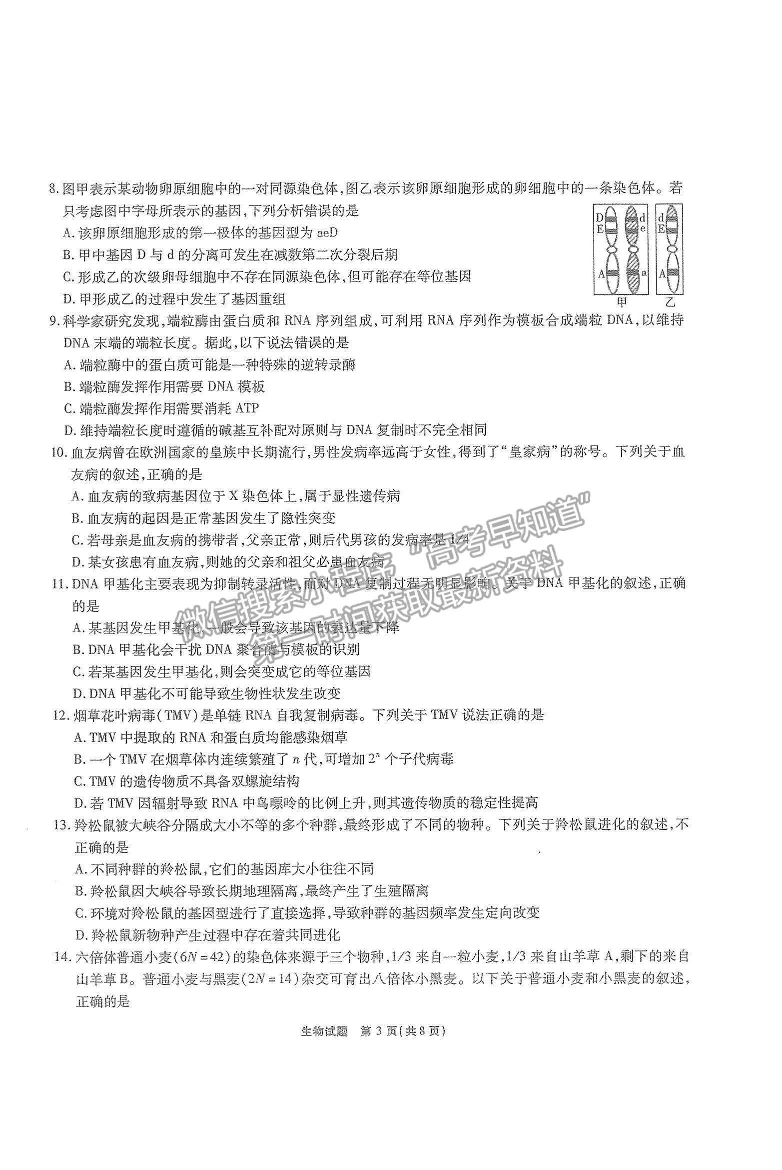 2022重慶市（南開中學(xué)）高三第五次質(zhì)量檢測(cè)生物試題及參考答案