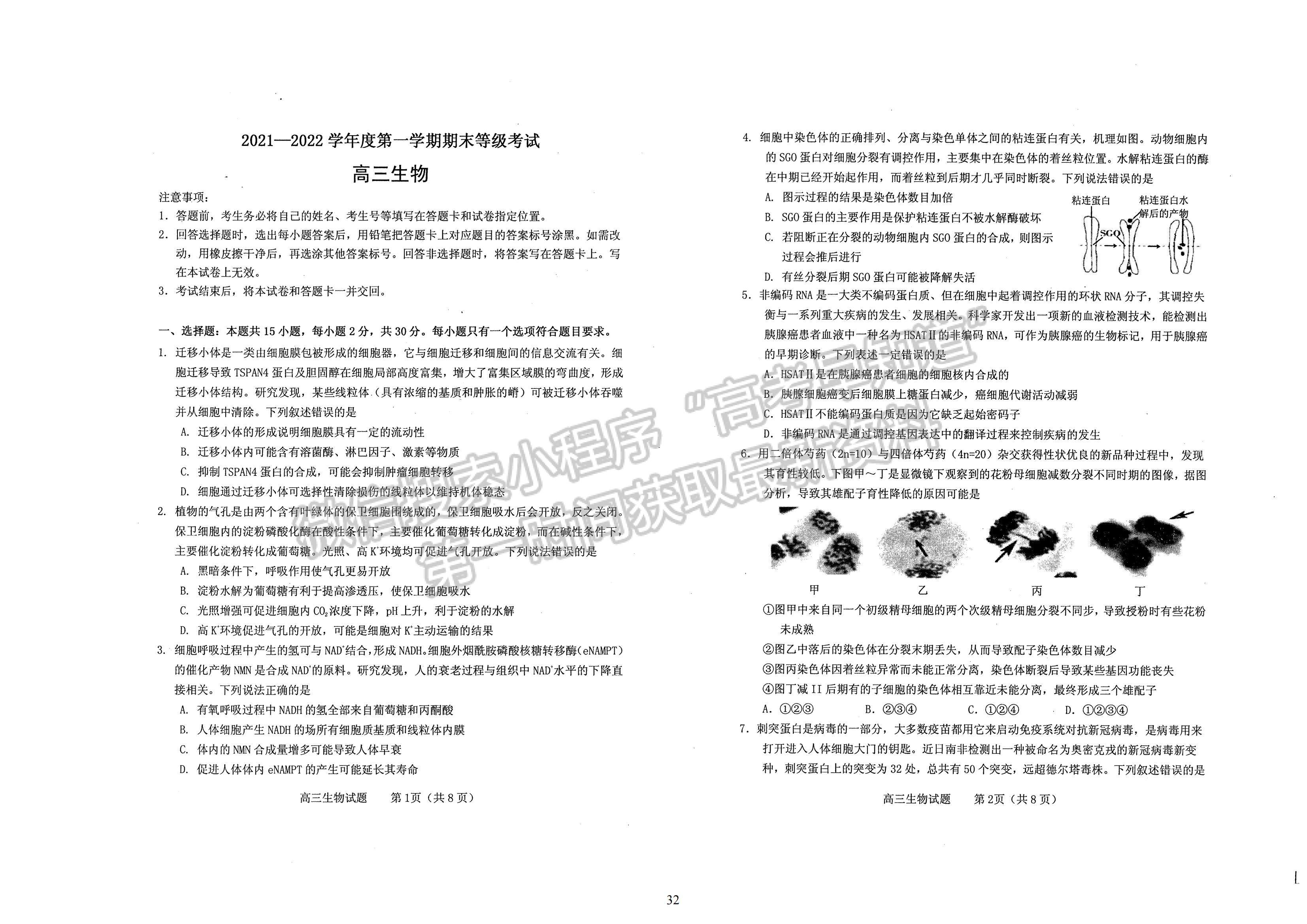 2022屆山東煙臺高三上學期期末考試 生物試題及參考答案