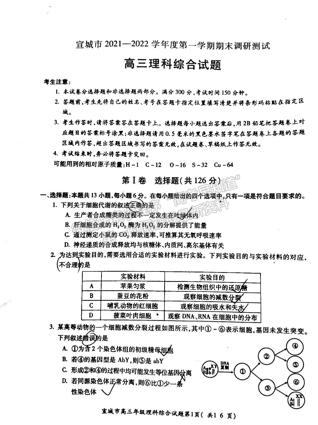 2022宣城一模理綜試卷及答案