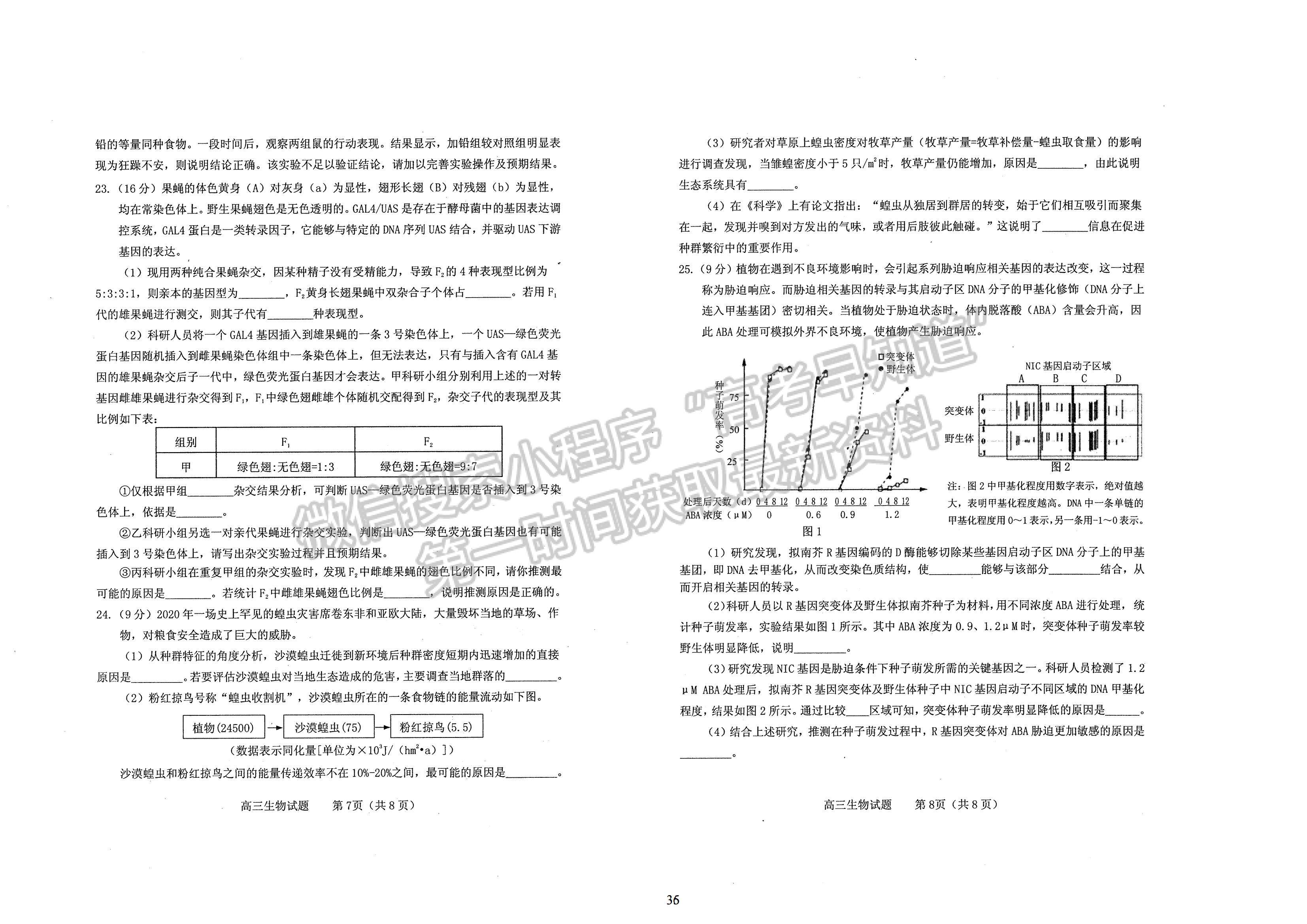 2022屆山東煙臺高三上學期期末考試 生物試題及參考答案