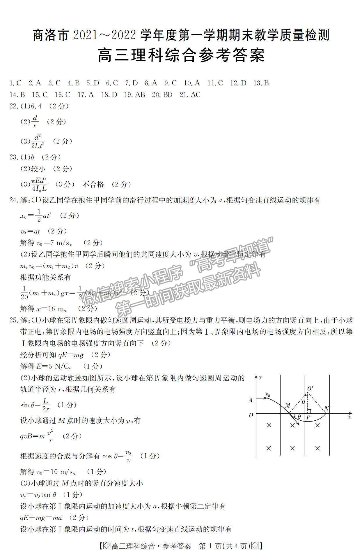 2022陜西省商洛市高三上學(xué)期期末教學(xué)質(zhì)量檢測(cè)理綜試題及參考答案