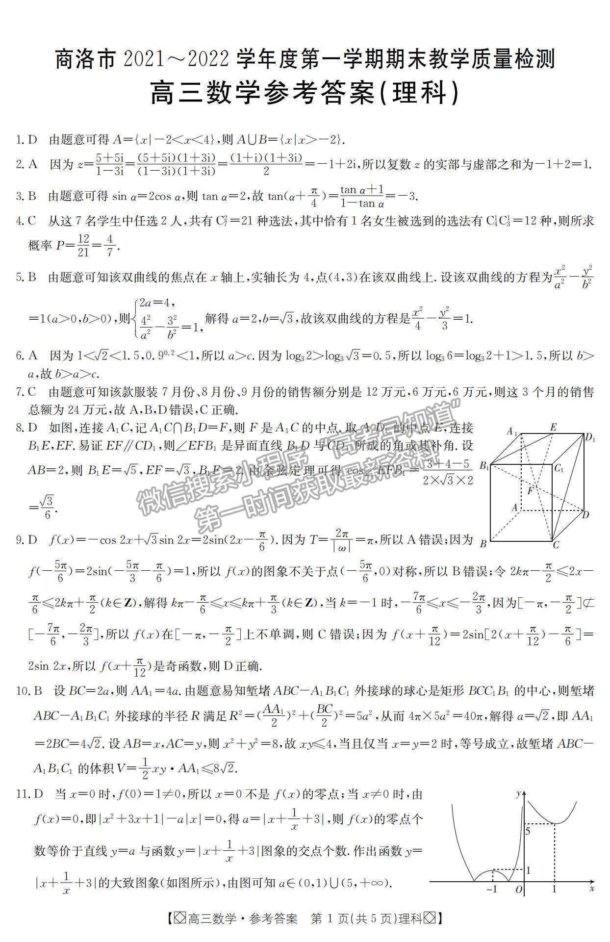 2022陜西省商洛市高三上學(xué)期期末教學(xué)質(zhì)量檢測理數(shù)試題及參考答案