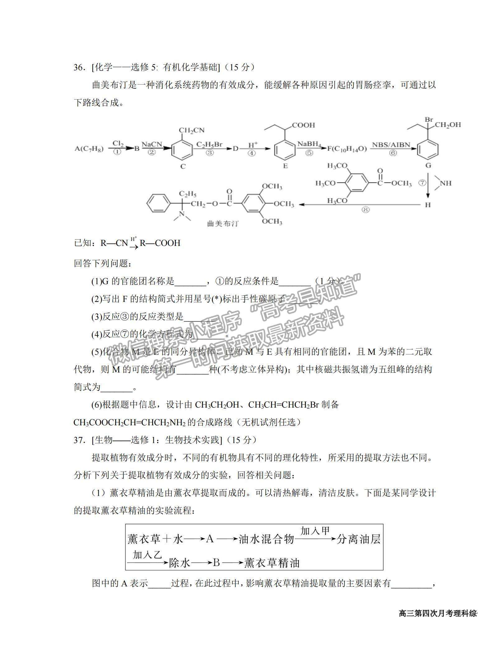 2022宁夏银川一中高三上学期第四次月考理综试题及参考答案