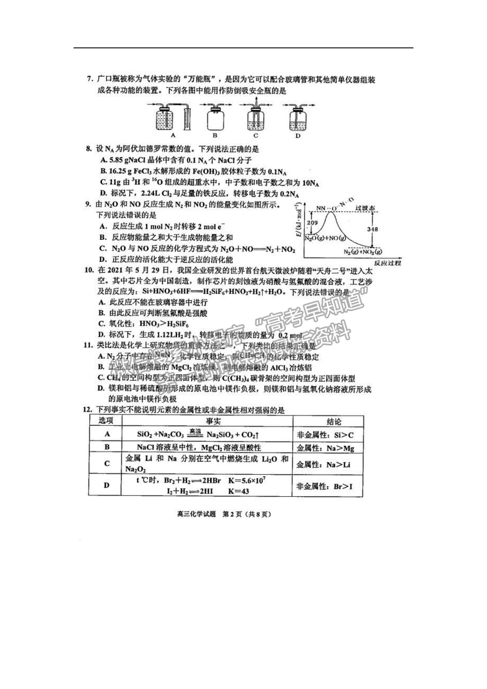 2022吉林省吉林市二調(diào)化學(xué)試題及參考答案