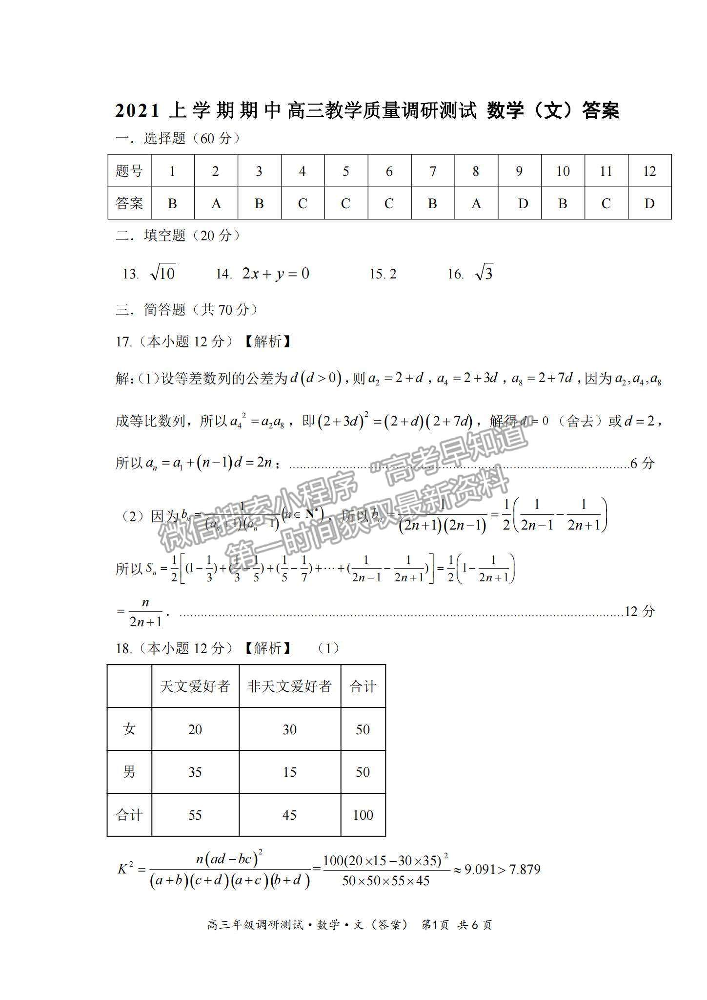 2022山西省懷仁市高三上學期期末調研文數試題及參考答案