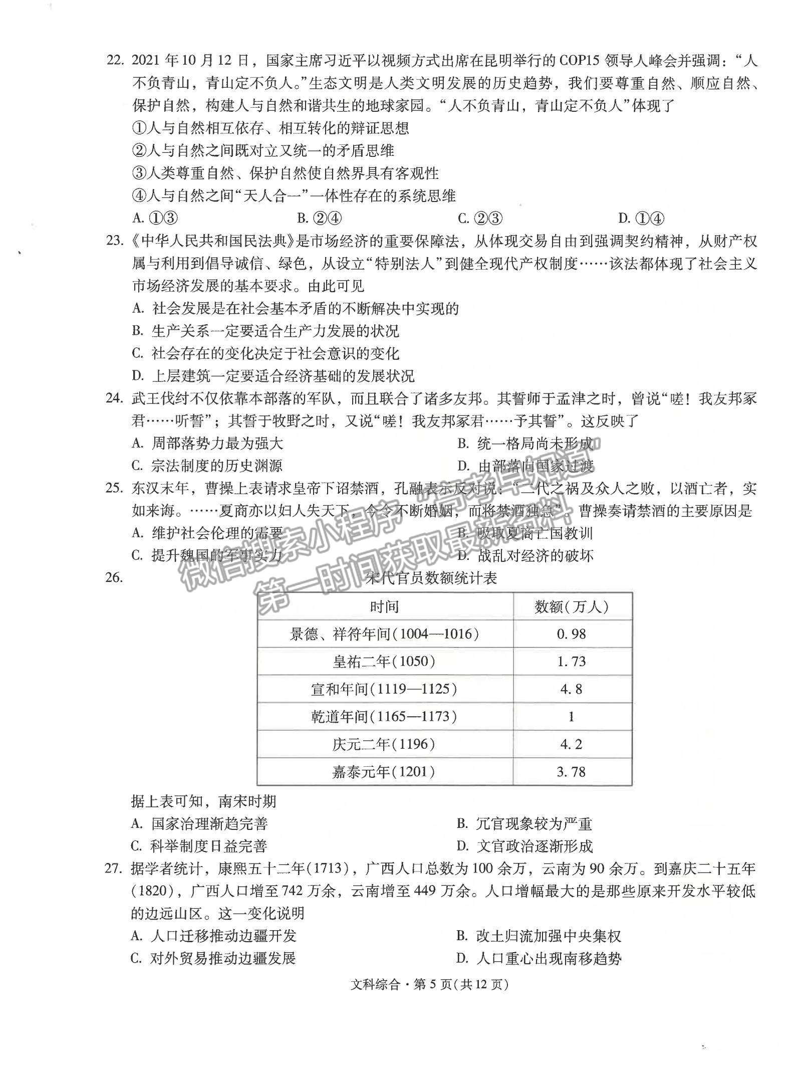 2022云南省昆明一中月考（六）文綜試題及參考答案