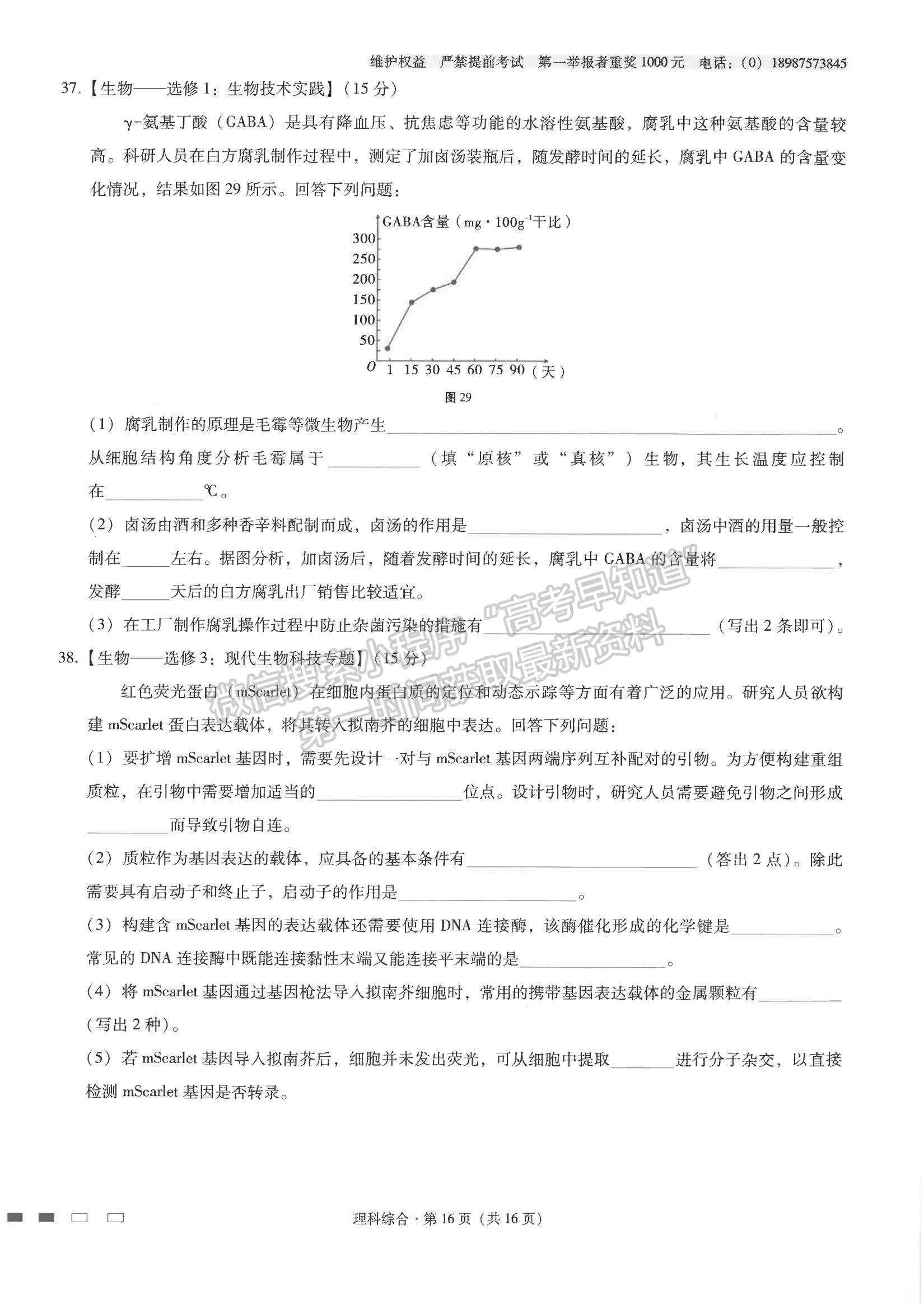 2022云師大附中高考適應(yīng)性月考卷（七）理綜試題及參考答案