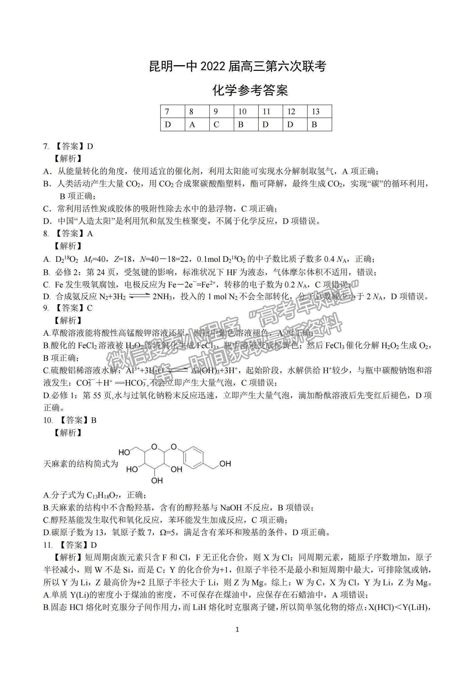 2022云南省昆明一中月考（六）理綜試題及參考答案