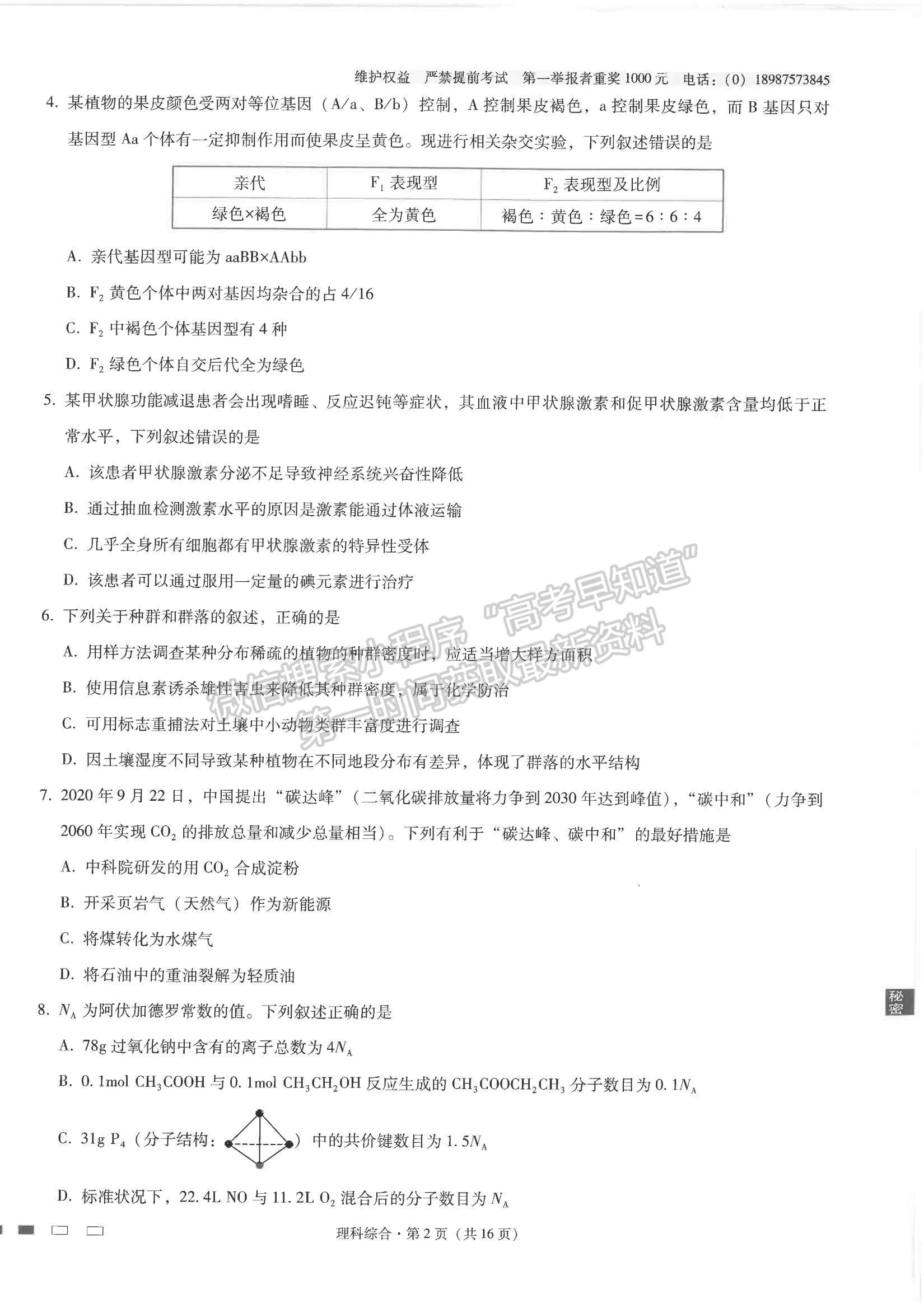 2022云師大附中高考適應(yīng)性月考卷（七）理綜試題及參考答案