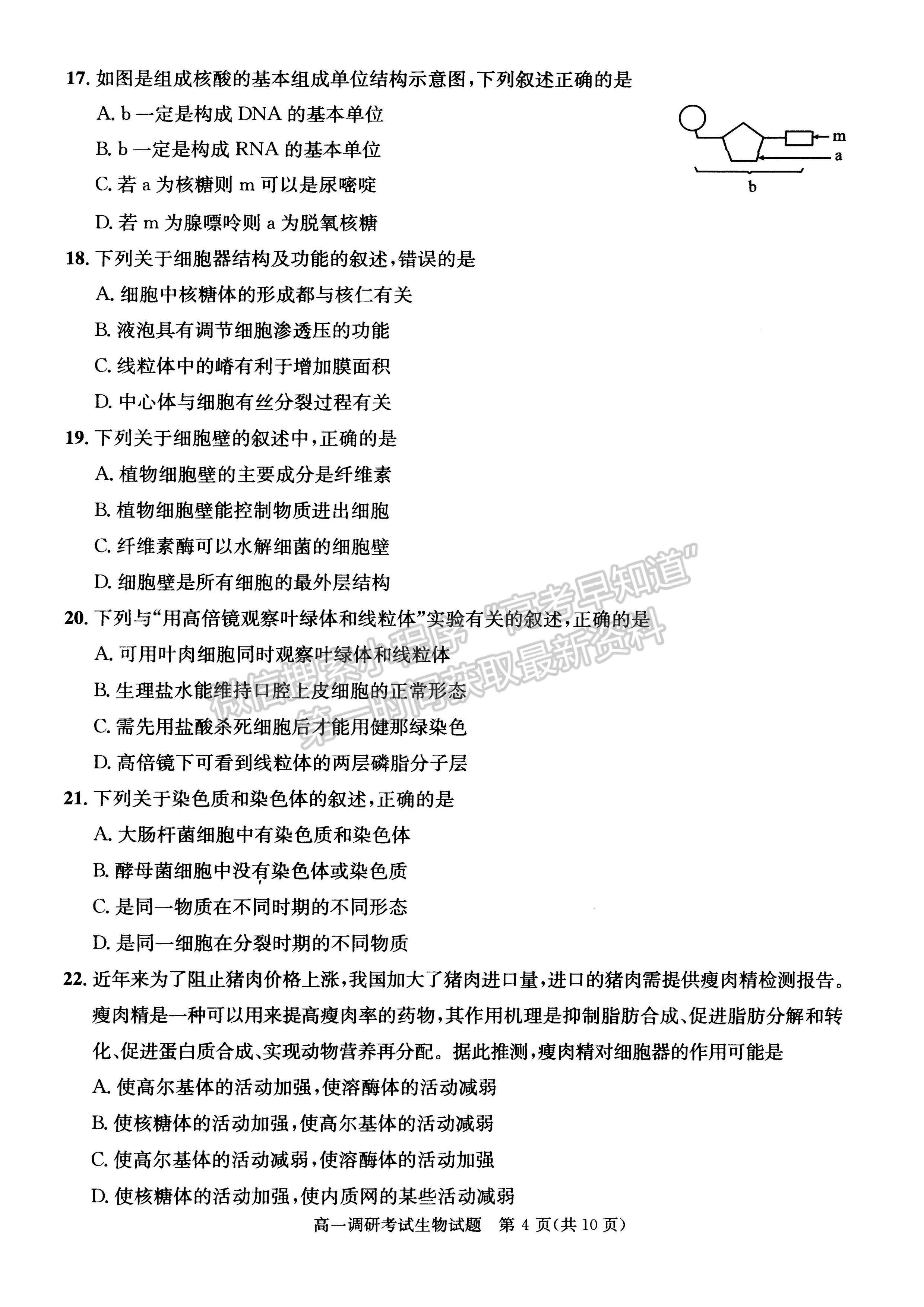 2021-2022四川省成都市高一期末調研生物試題及答案