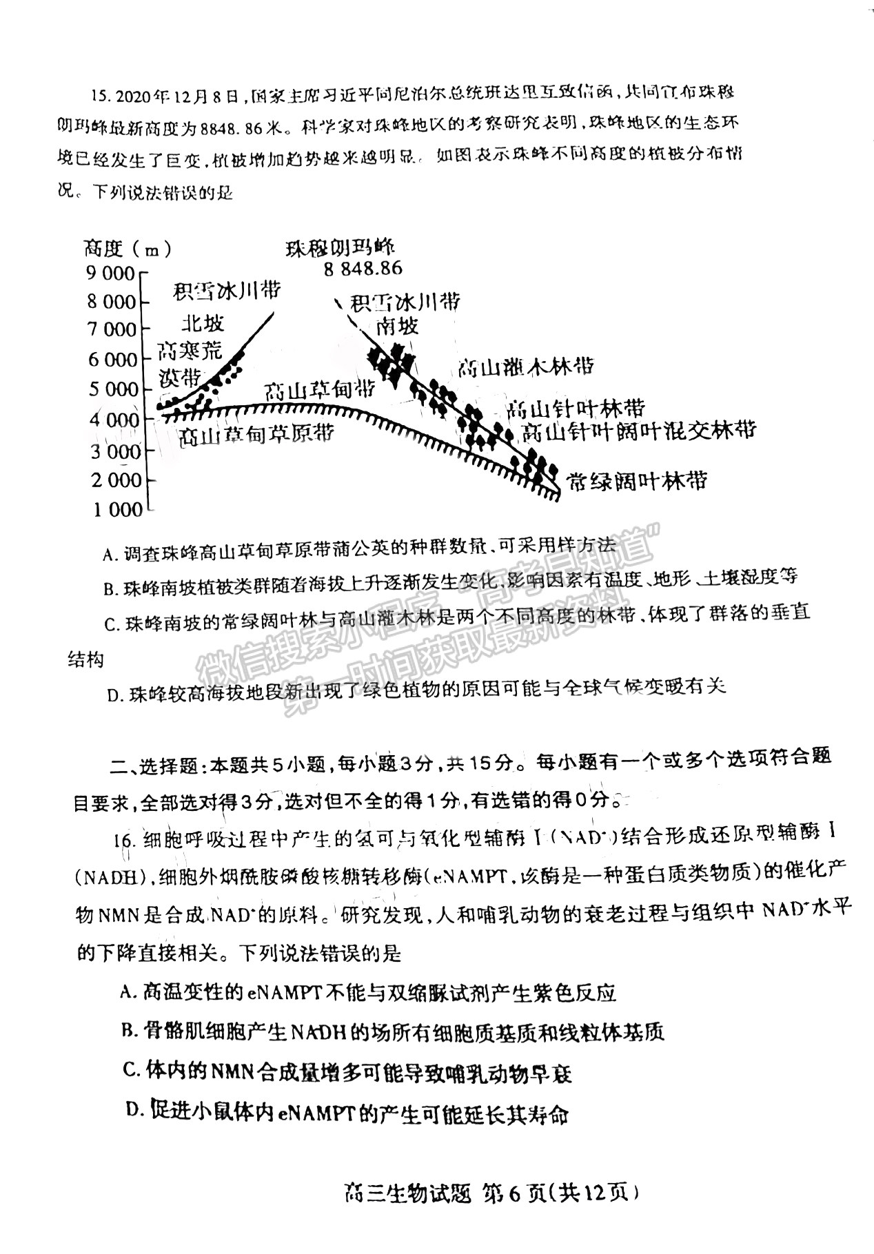 2022屆山東泰安市高三期末考試 生物試題及參考答案