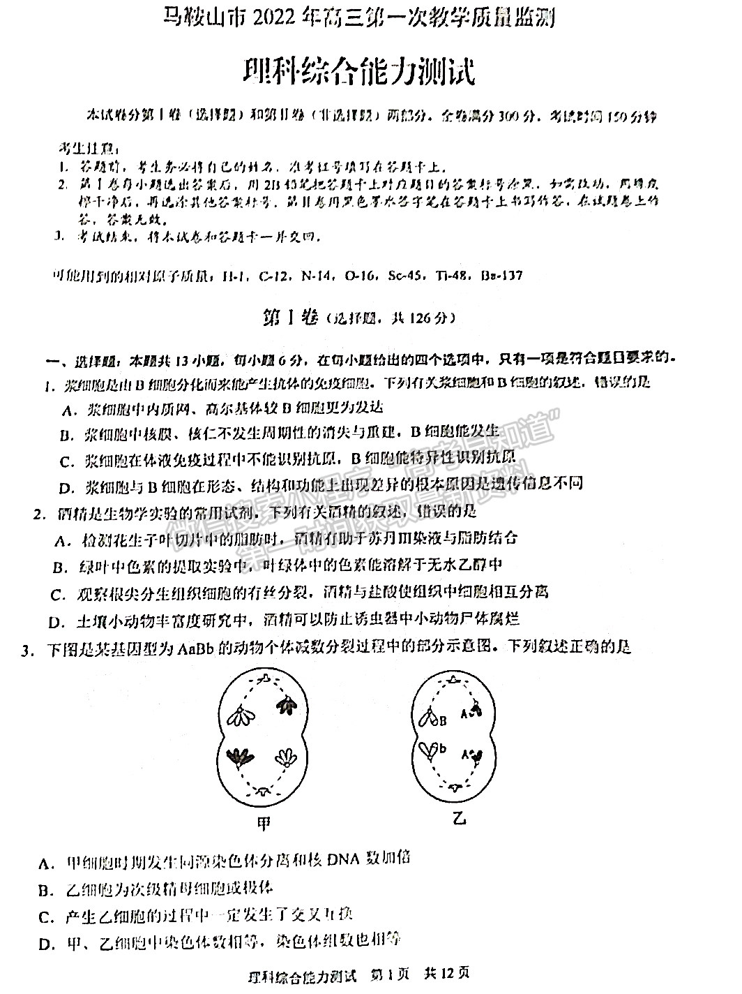 2022安徽馬鞍山一模理綜試卷及答案