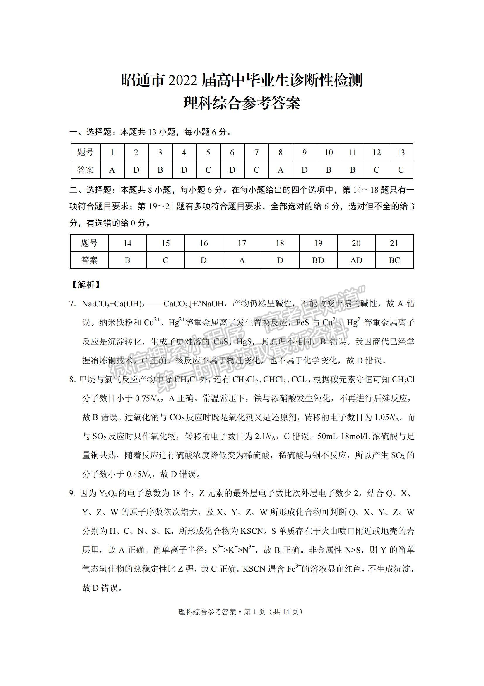 2022云南省昭通市高中畢業(yè)診斷性檢測理綜試題及參考答案