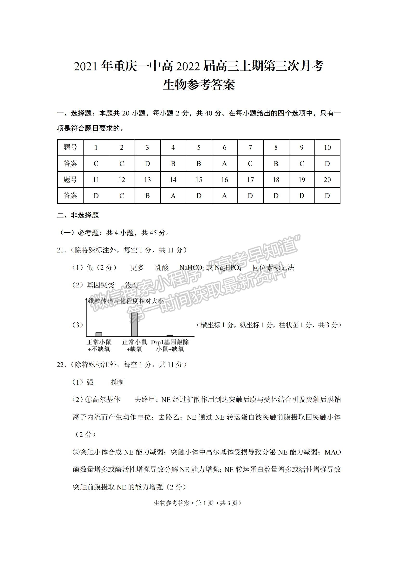 2022重庆一中高三上学期第三次月考生物试题及参考答案