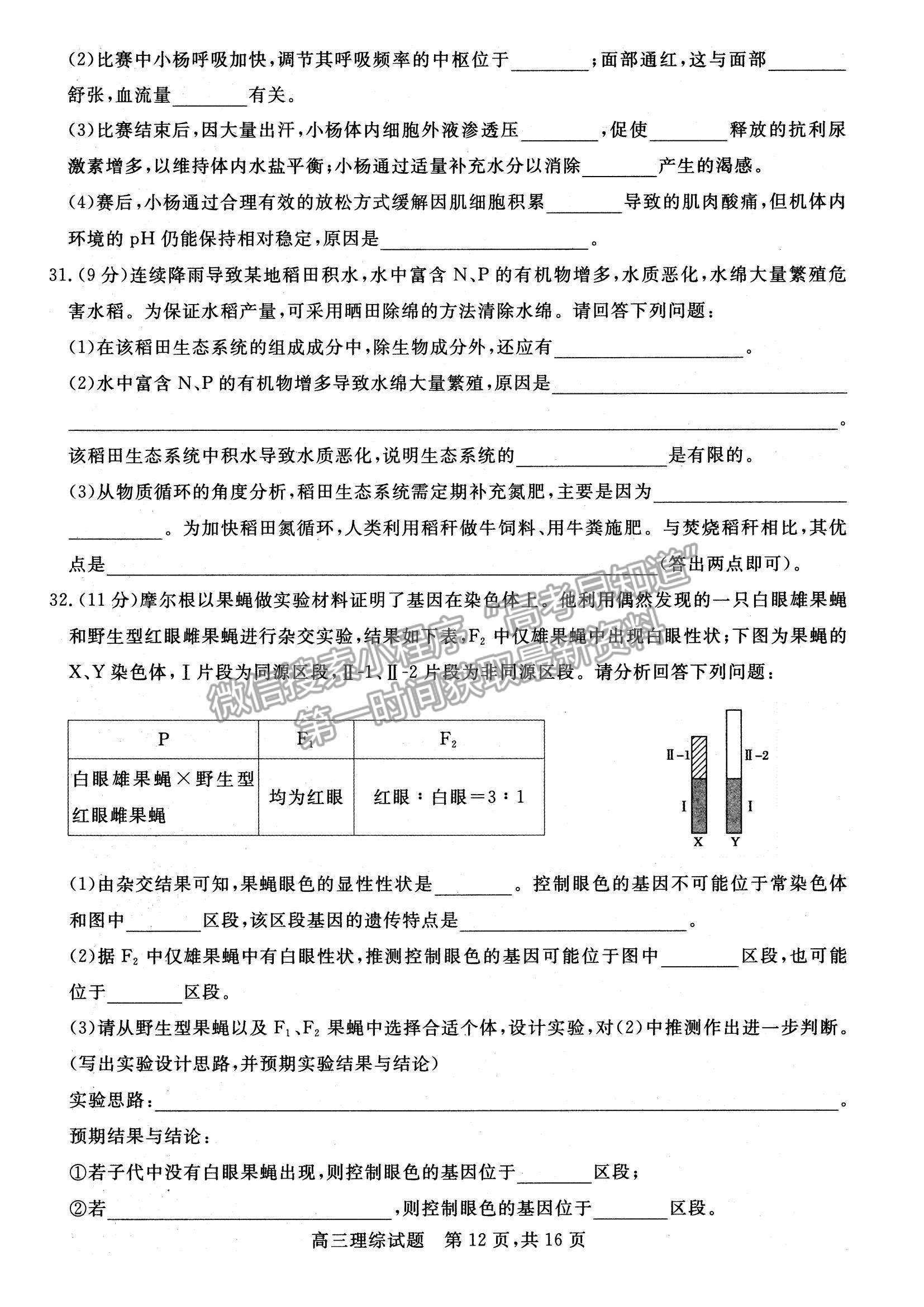 2022山西省高三上學(xué)期期末適應(yīng)性調(diào)研理綜試題及參考答案