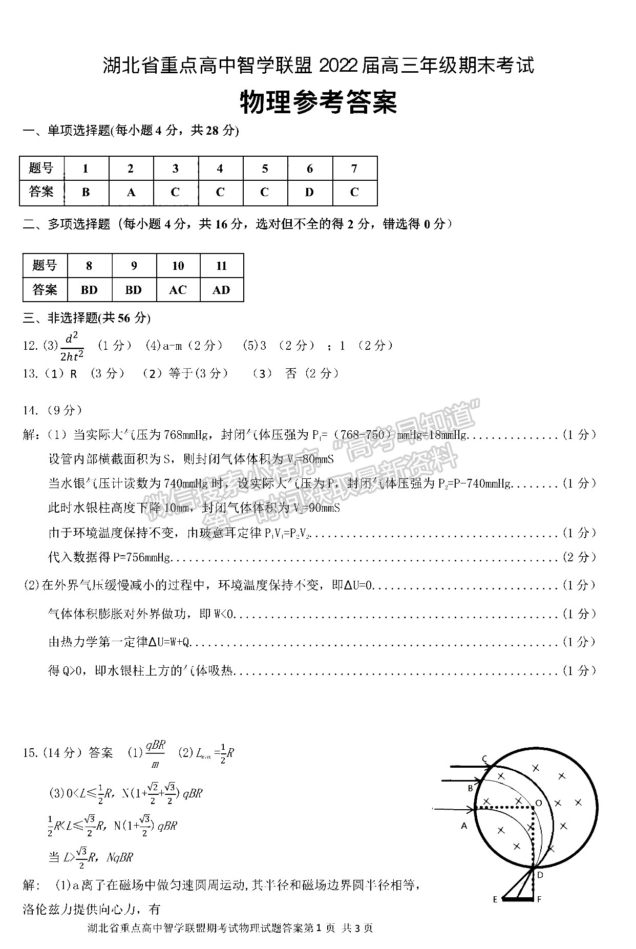 2022湖北重點中學智學聯(lián)盟高三期末聯(lián)考物理答案