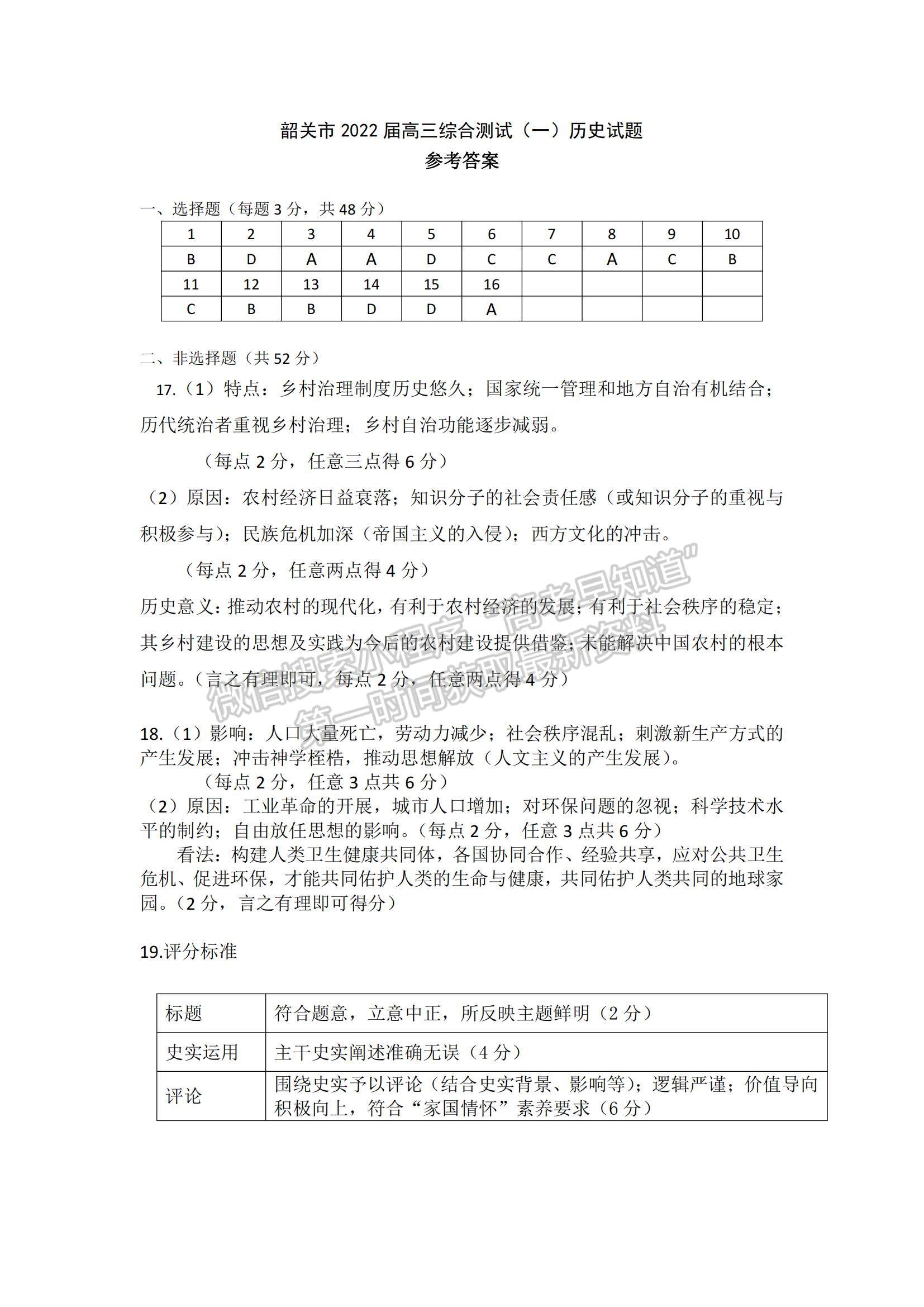 2022廣東省韶關(guān)市高三上學(xué)期綜合測試（一）歷史試題及參考答案