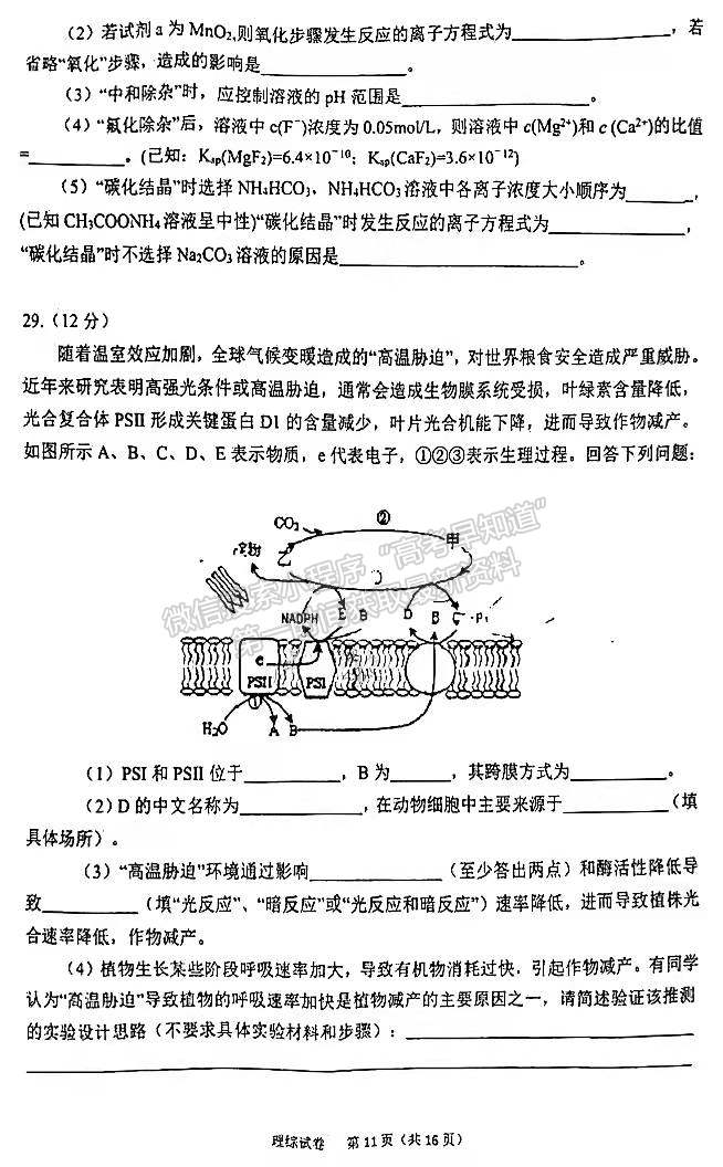 2022安徽六安市省示范高中高三質(zhì)檢（皖西聯(lián)盟）理綜試卷及答案