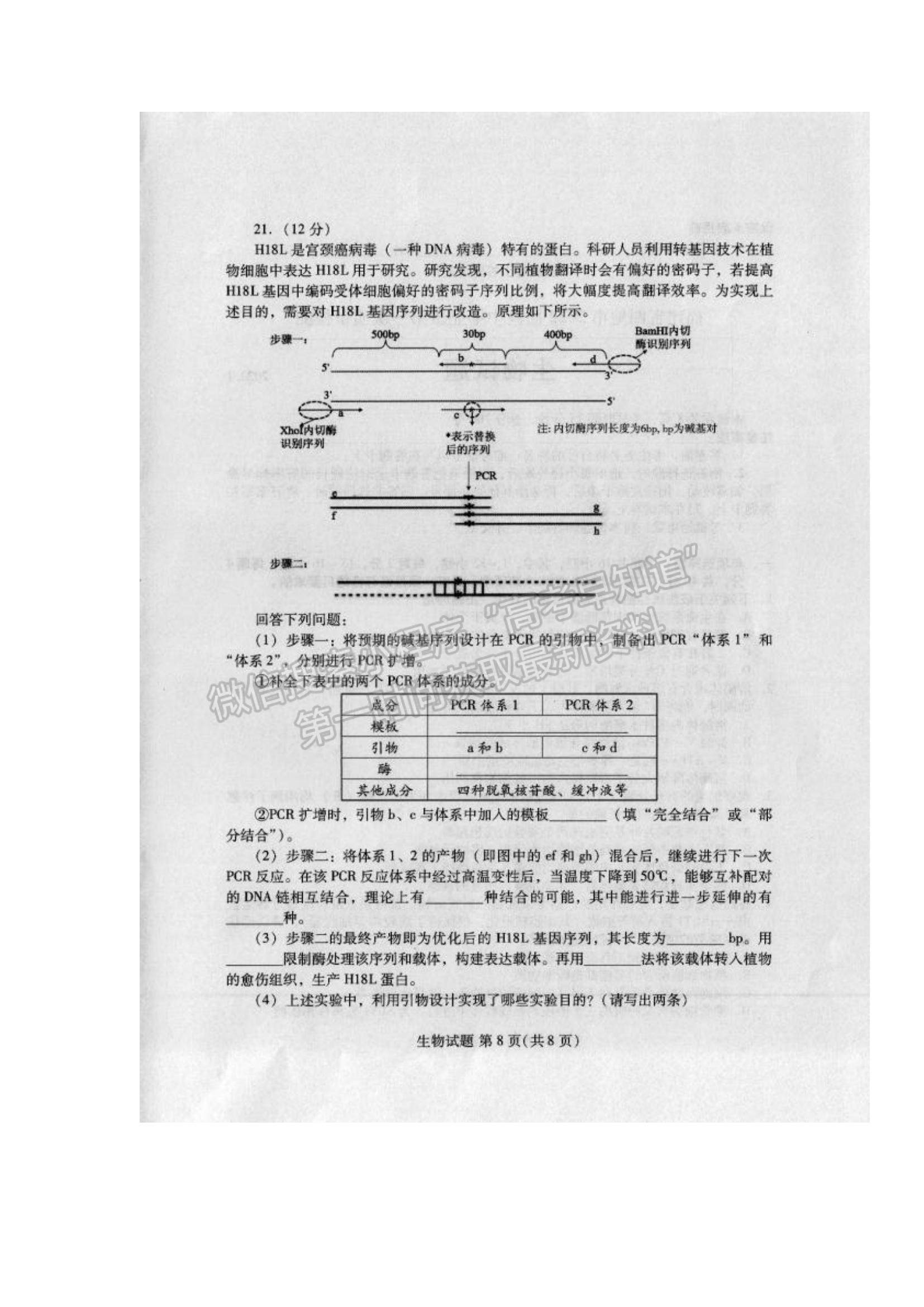 2022福建省四地市高中畢業(yè)班第一次質(zhì)量檢查生物試題及參考答案