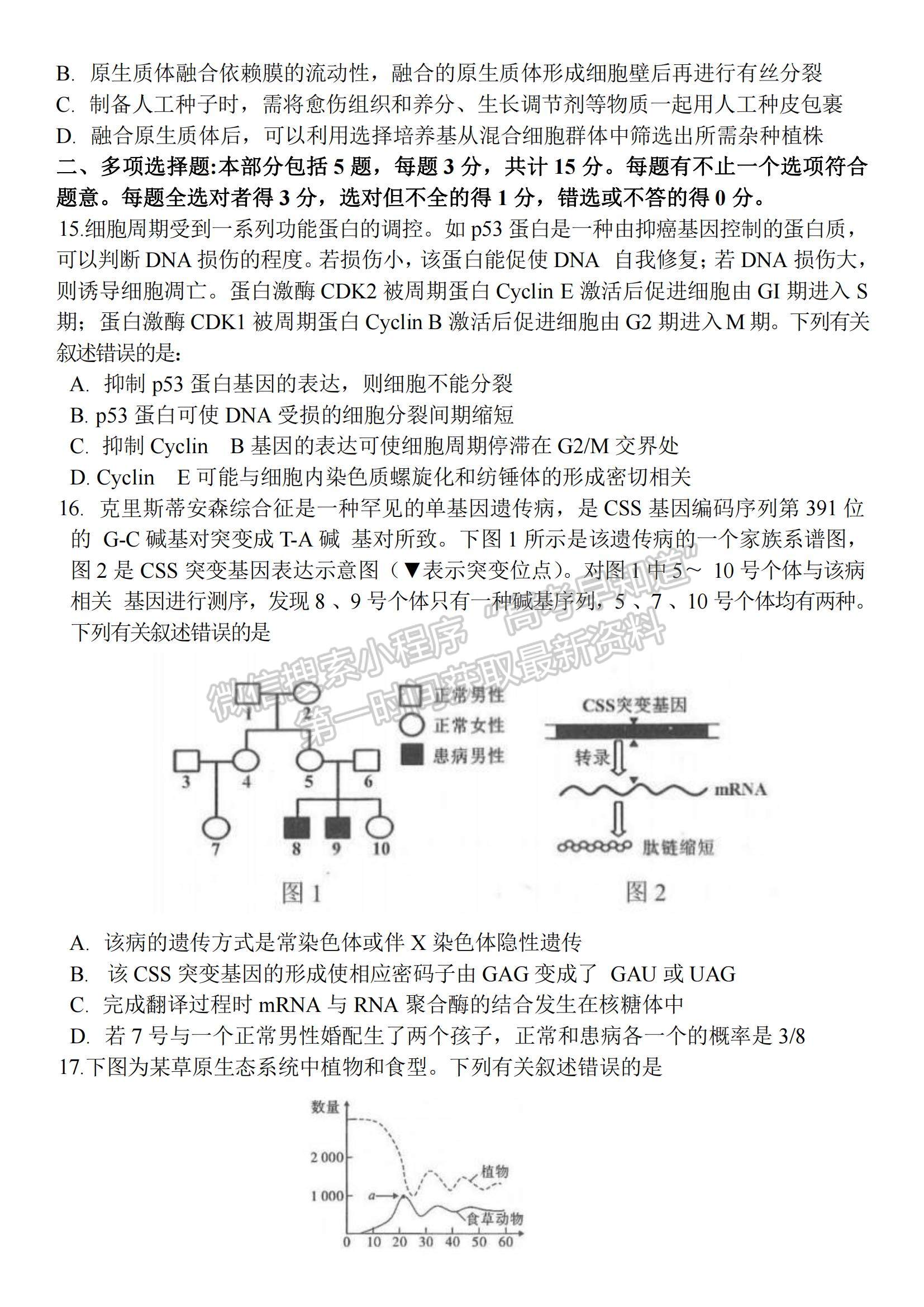 2022江蘇省蘇州市高三上學(xué)期學(xué)業(yè)質(zhì)量陽(yáng)光指標(biāo)調(diào)研生物試題及參考答案