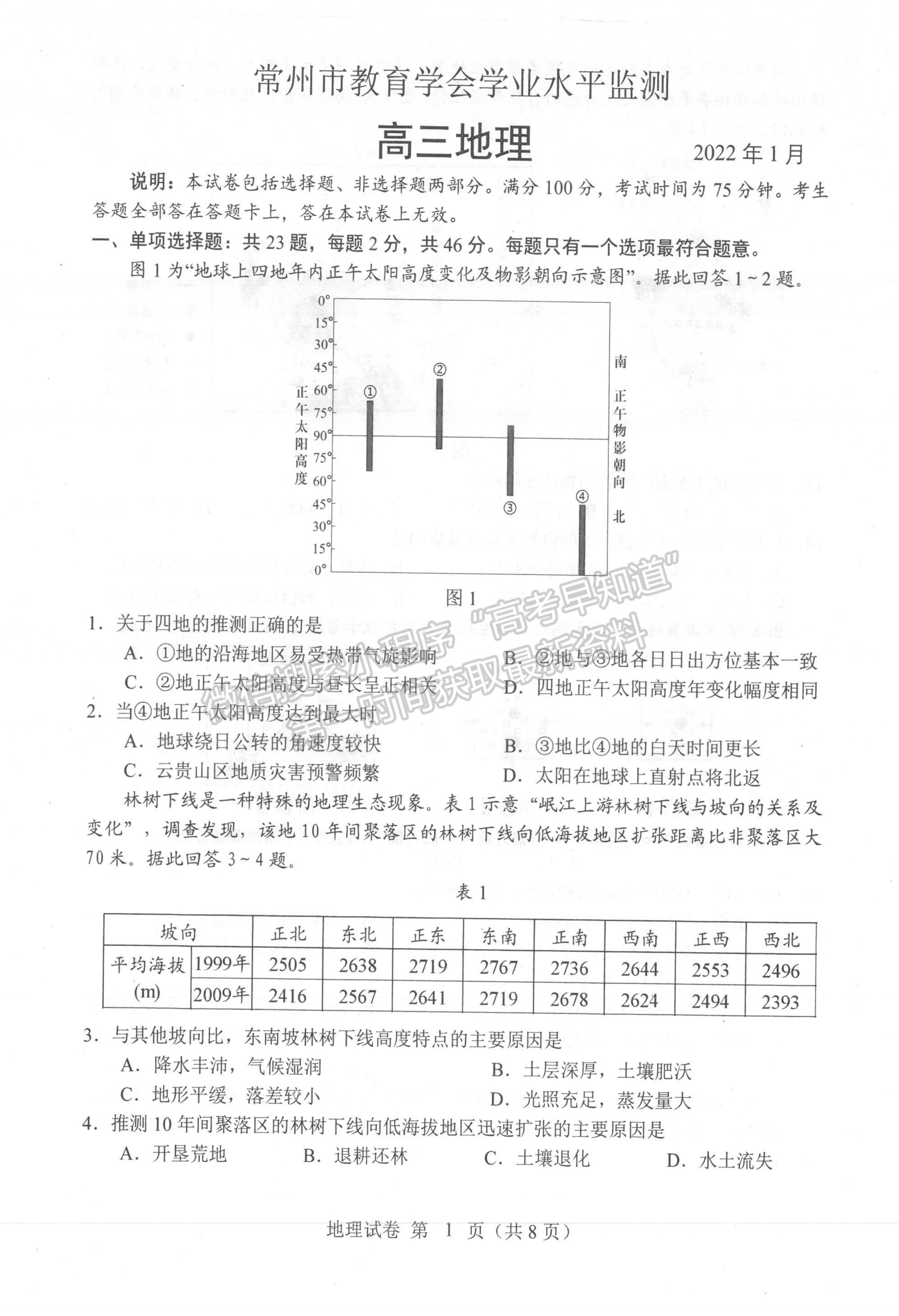 2022屆江蘇常州高三上學(xué)期期末學(xué)業(yè)水平監(jiān)測(cè)地理試題及答案