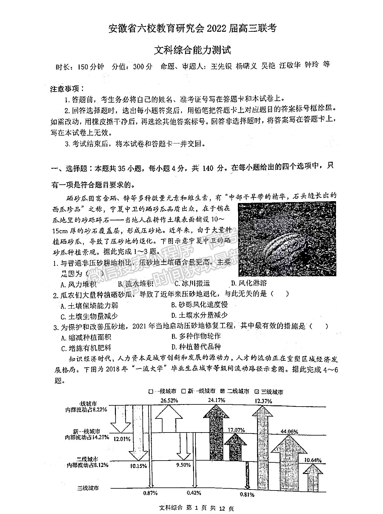 2022安徽六校教育研究會(huì)高三第二次教學(xué)質(zhì)量檢測(cè)文綜試卷及答案