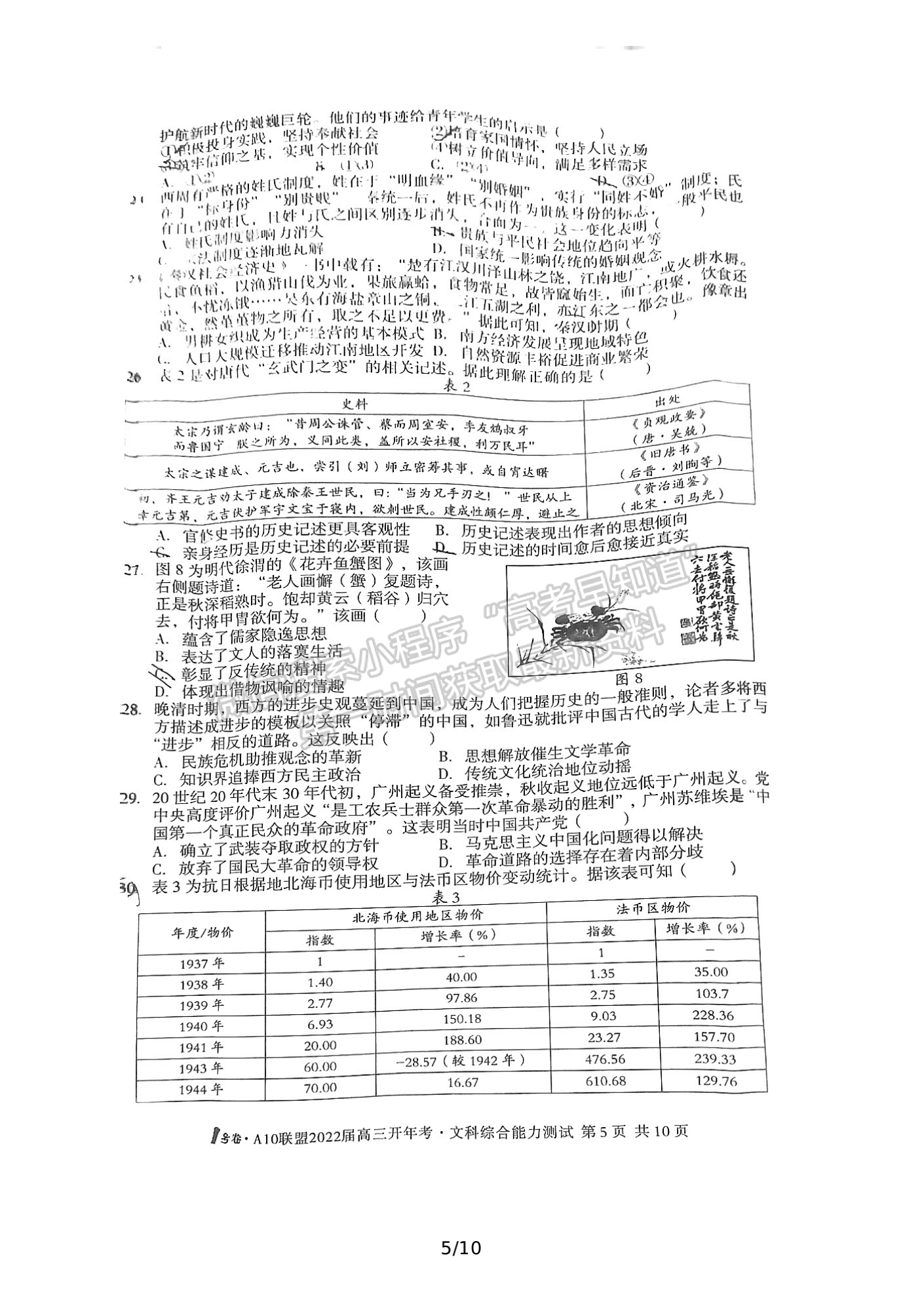 2022安徽1號卷·A10聯(lián)盟高三開年考文綜試卷及答案