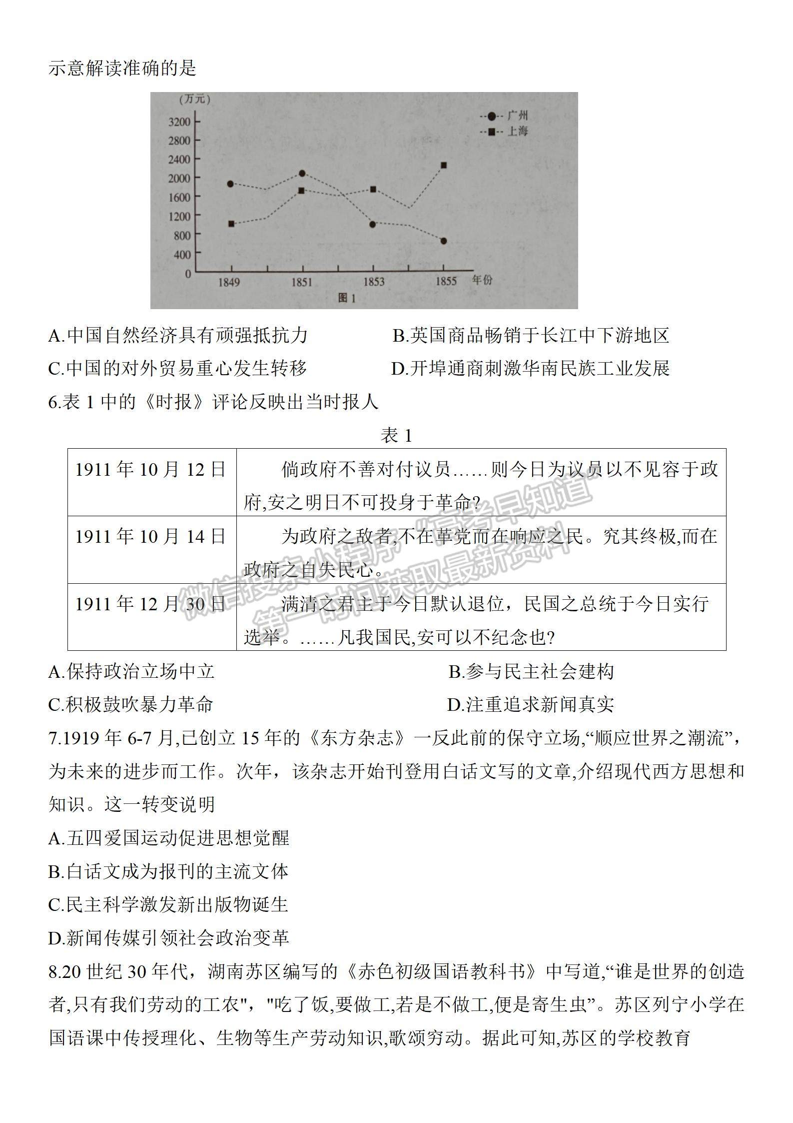 2022屆蘇北七市高三第一次調(diào)研（南通一模）歷史試題及答案